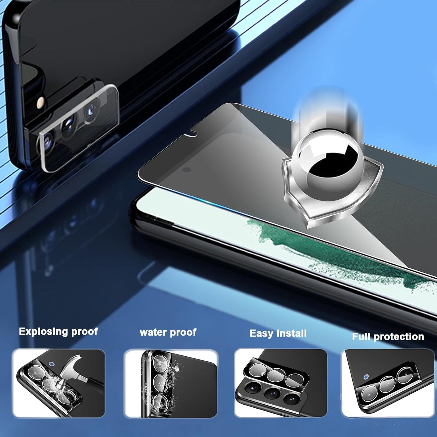 [2+2 Pack Privacy Screen Protector Compatible with Galaxy S22 Plus 5G, 2 Tempered Glass with 2 Camera Lens Protectors - HD Clear - Bubble-Free - Anti-Spy - Scratch Resistant
