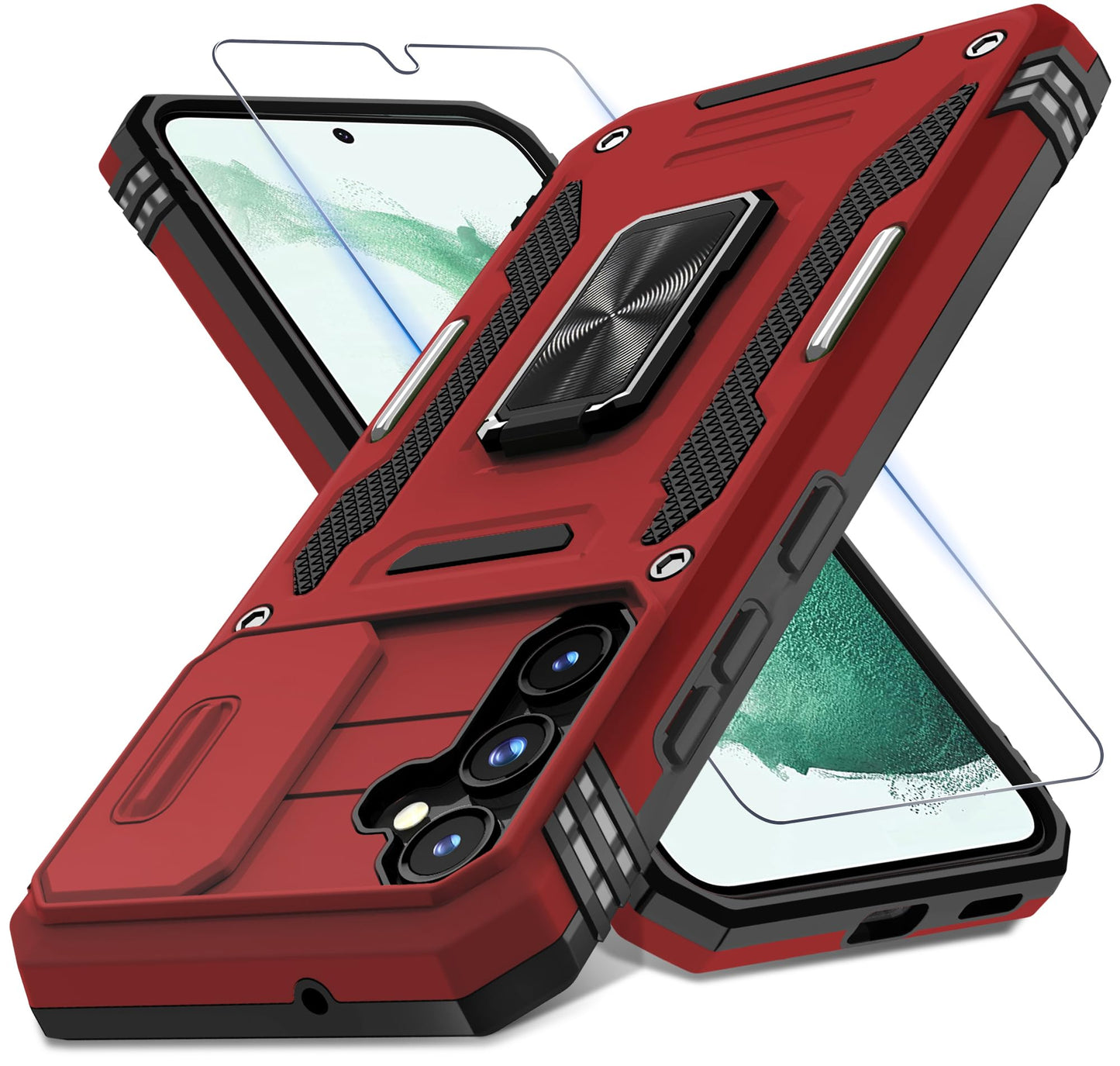 DEERLAMN Case for Samsung Galaxy S23 FE 6.4-Inch with Slide Camera Cover+Screen Protector(1 Pack),Rotated Ring Kickstand Military Grade Shockproof Protective Cover-Black