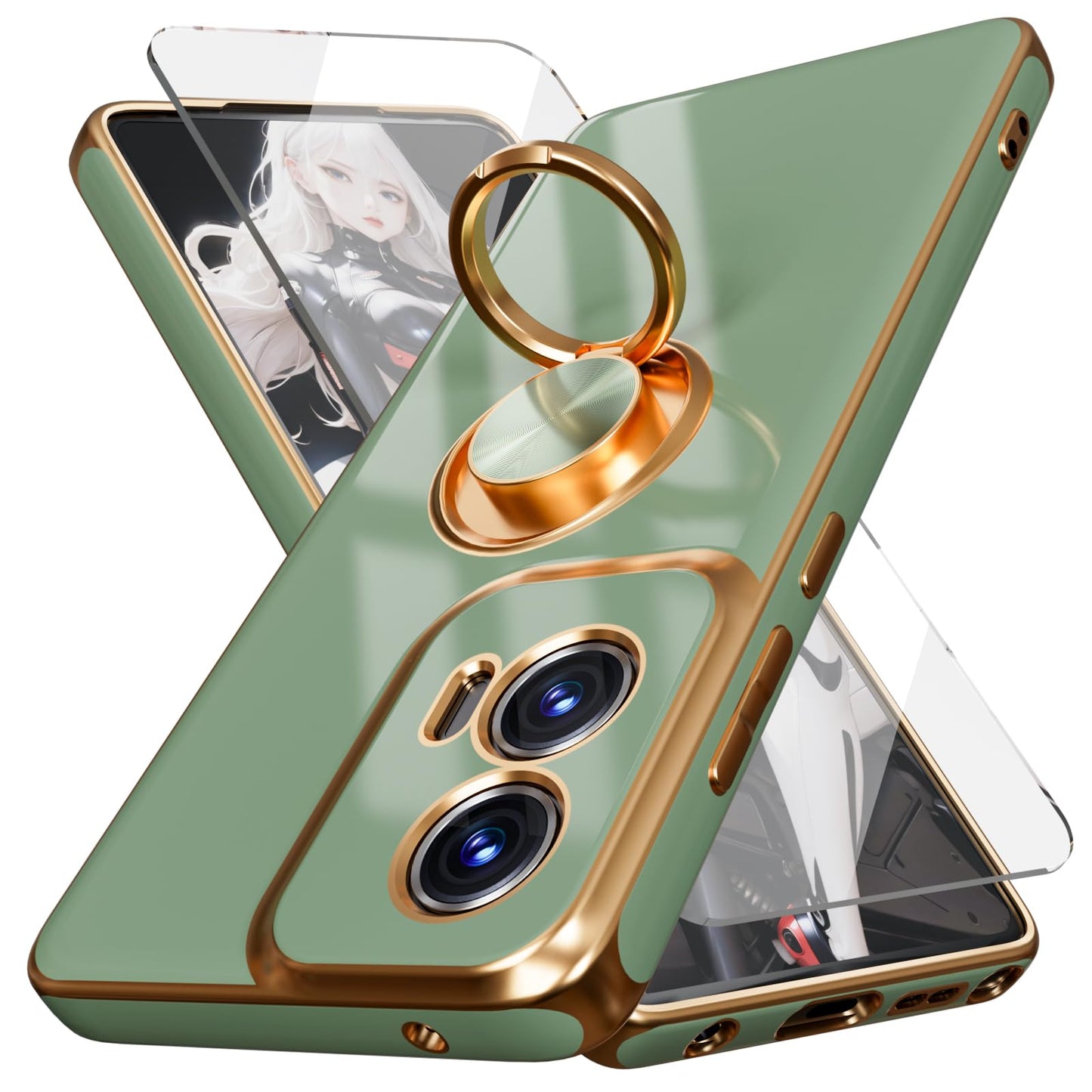 for Moto G Stylus 5G 2024 Case,with Screen Protector, Built-in 360° Rotation Ring Magnetic Kickstand, Plating Gold Edge Soft TPU Shockproof Protective Case for Moto G Stylus 5G 2024 (Pink)