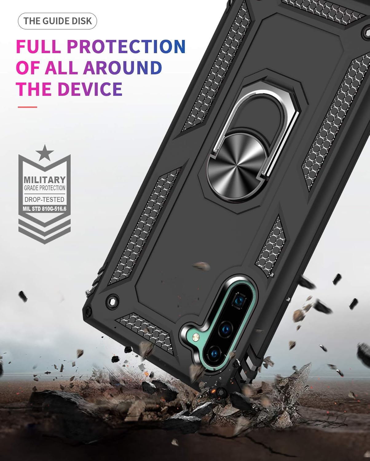 for Samsung Galaxy Note 10 Case, Note10 Case with HD Screen Protectors, Military-Grade Metal Ring Holder Kickstand 15ft Drop Tested Shockproof Cover Case for Samsung Note 10 (2019) Black