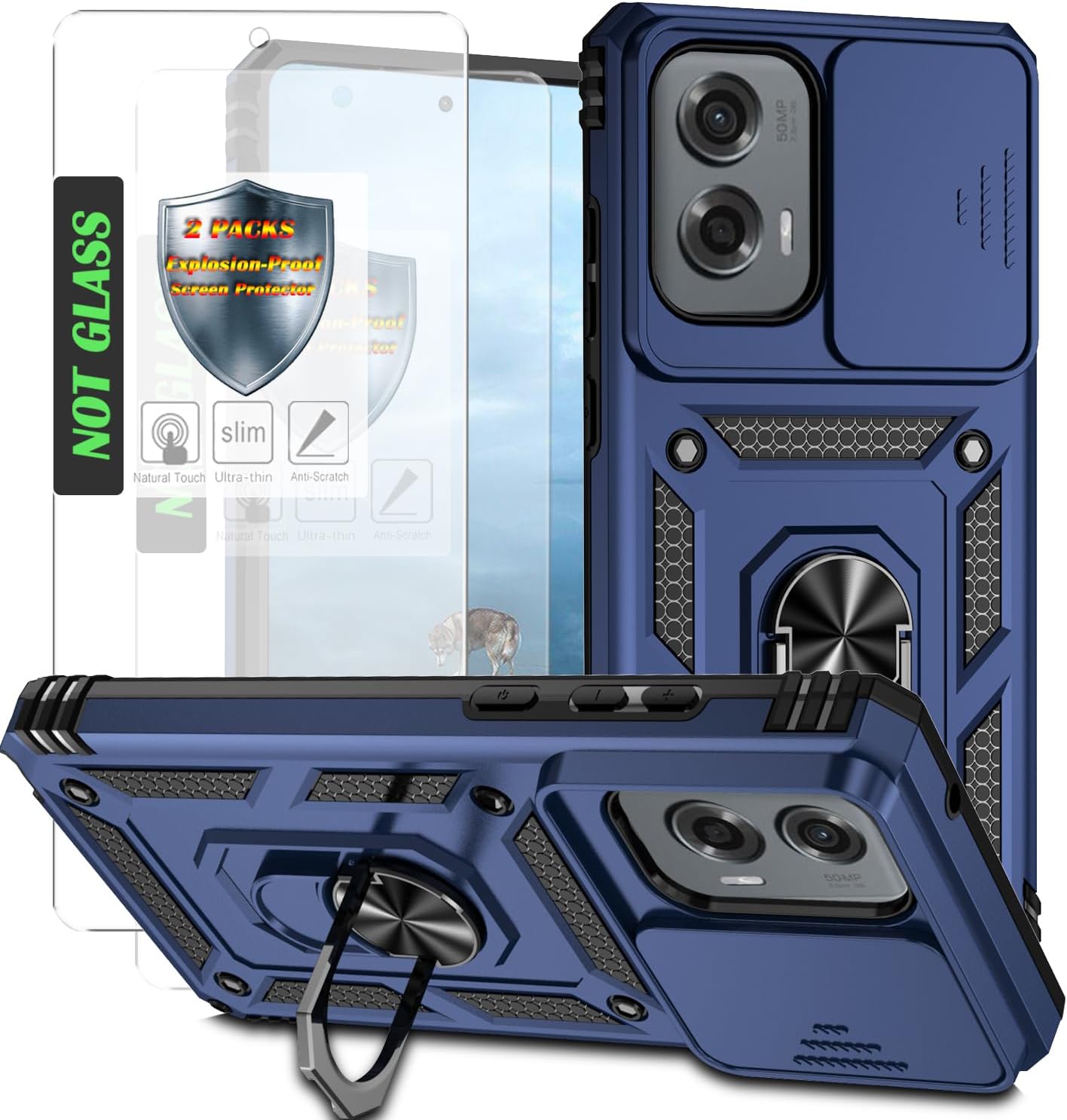 AYMECL for Moto G Stylus 5G 2024 Case with 2 Pcs Explosion-Proof Film, Slide Camera Cover Protective Case with Magnetic Ring Kickstand - Blue