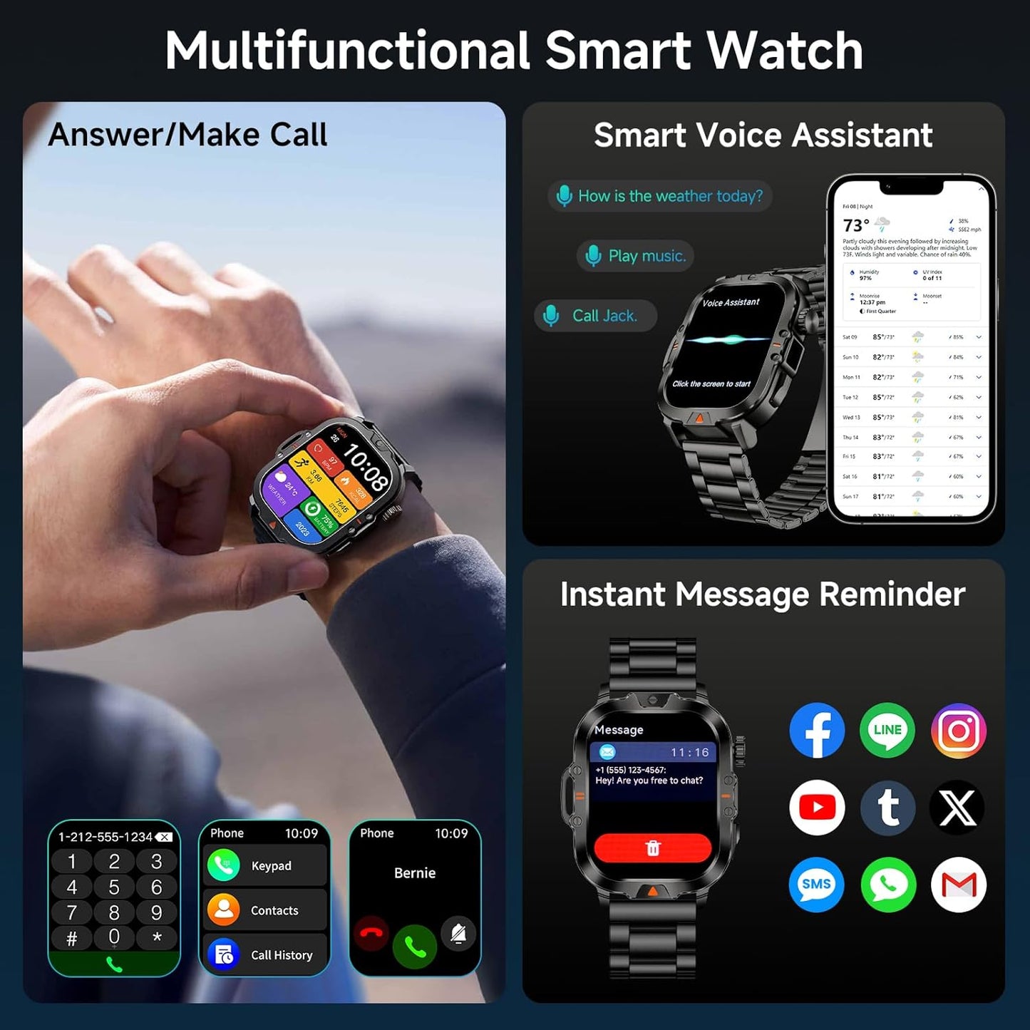 Smart Watch for Men Military Answer/Make Call 2.01″ Display 170+ Sports Modes Fitness Smart Watch IP68 Waterproof 30 Days Standby Smartwatch for Android iOS Black (2 Straps)