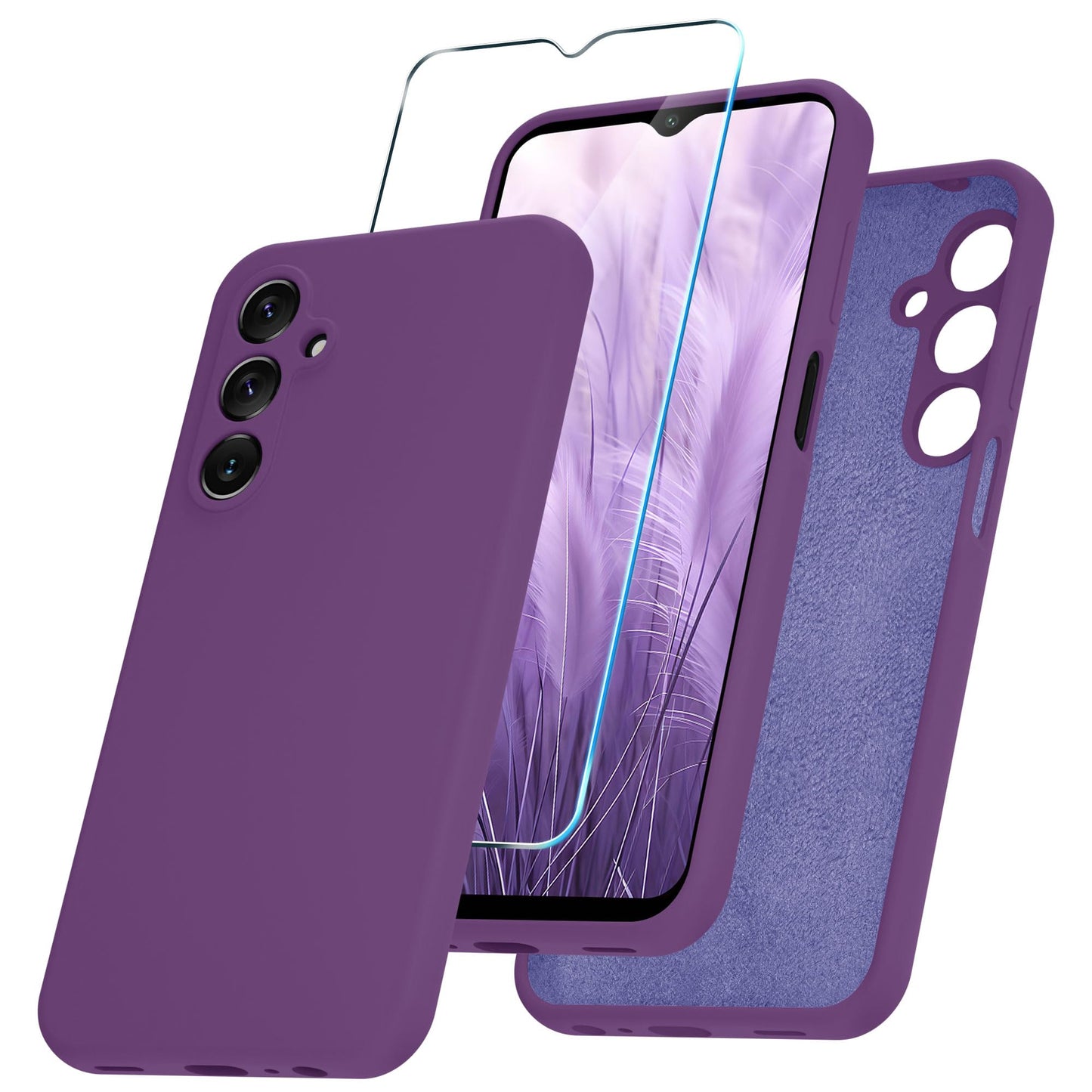 for Samsung Galaxy A15 5G Case, Silicone Phone Case with 1 Screen Protector, Soft Anti-Scratch Microfiber Lining, Full Body Shockproof Slim Cover, Lavender Purple