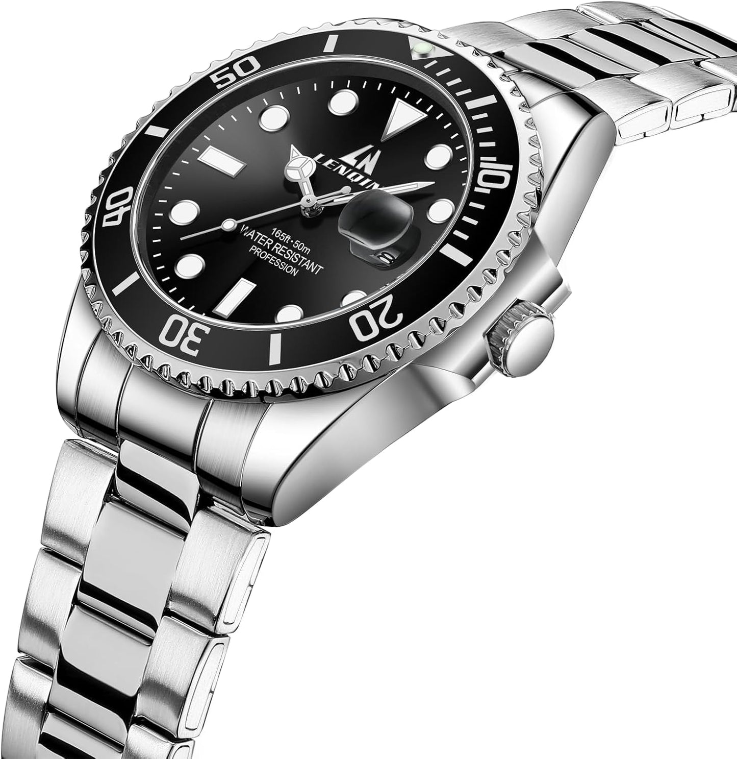 LN LENQIN Mens Watches Stainless Steel Waterproof Analog Quartz Watch for Men with Date Luminous Fashion Wristwatch
