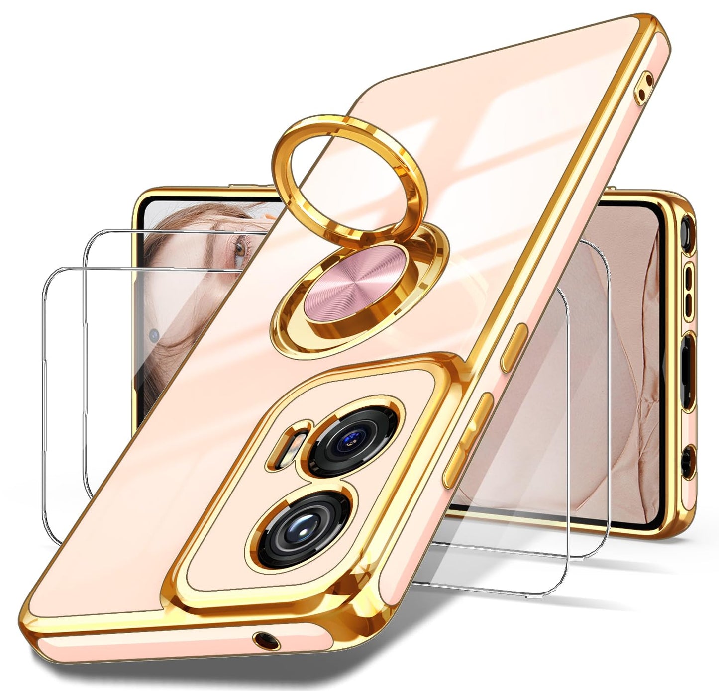 Dretal for Moto G Stylus 5G 2024 Case, 2X Screen Protector, 360° Rotatable Ring Holder Magnetic Kickstand,Plated Gold Edge Slim Soft TPU Protective Cover for Motorola G Stylus 5G (Purple)