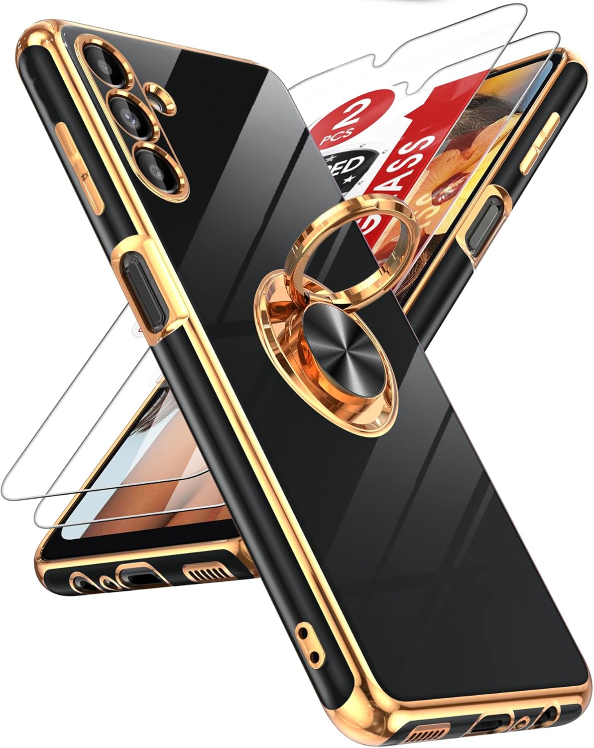 LeYi for Samsung Galaxy A13-5G Phone Case: Tempered Glass Screen Protector, 360° Rotatable Ring Holder Magnetic Kickstand, Plating Rose Gold Edge Protective Case, Black