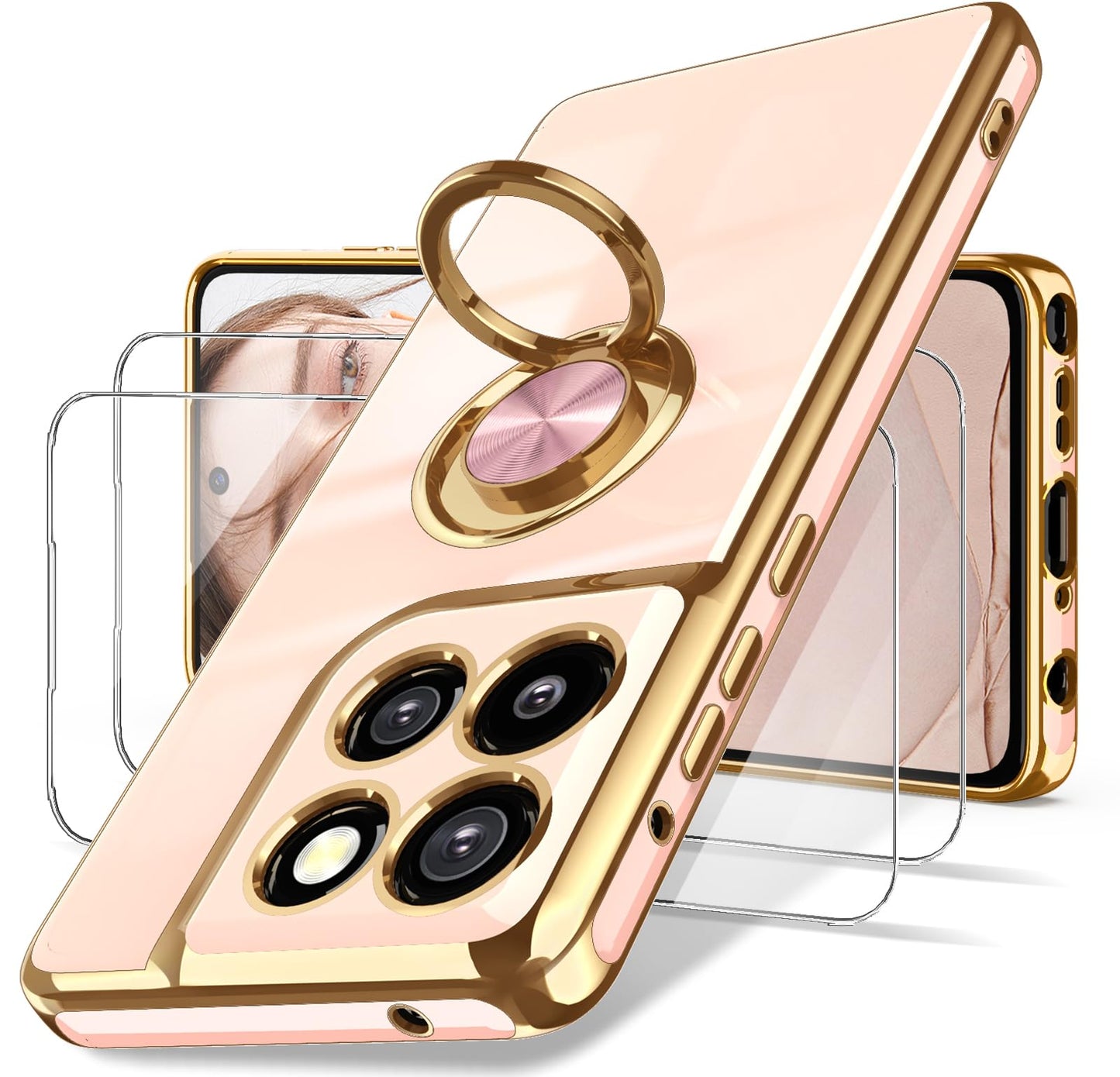 Dretal for Moto G Stylus 5G 2024 Case, 2X Screen Protector, 360° Rotatable Ring Holder Magnetic Kickstand,Plated Gold Edge Slim Soft TPU Protective Cover for Motorola G Stylus 5G (Purple)