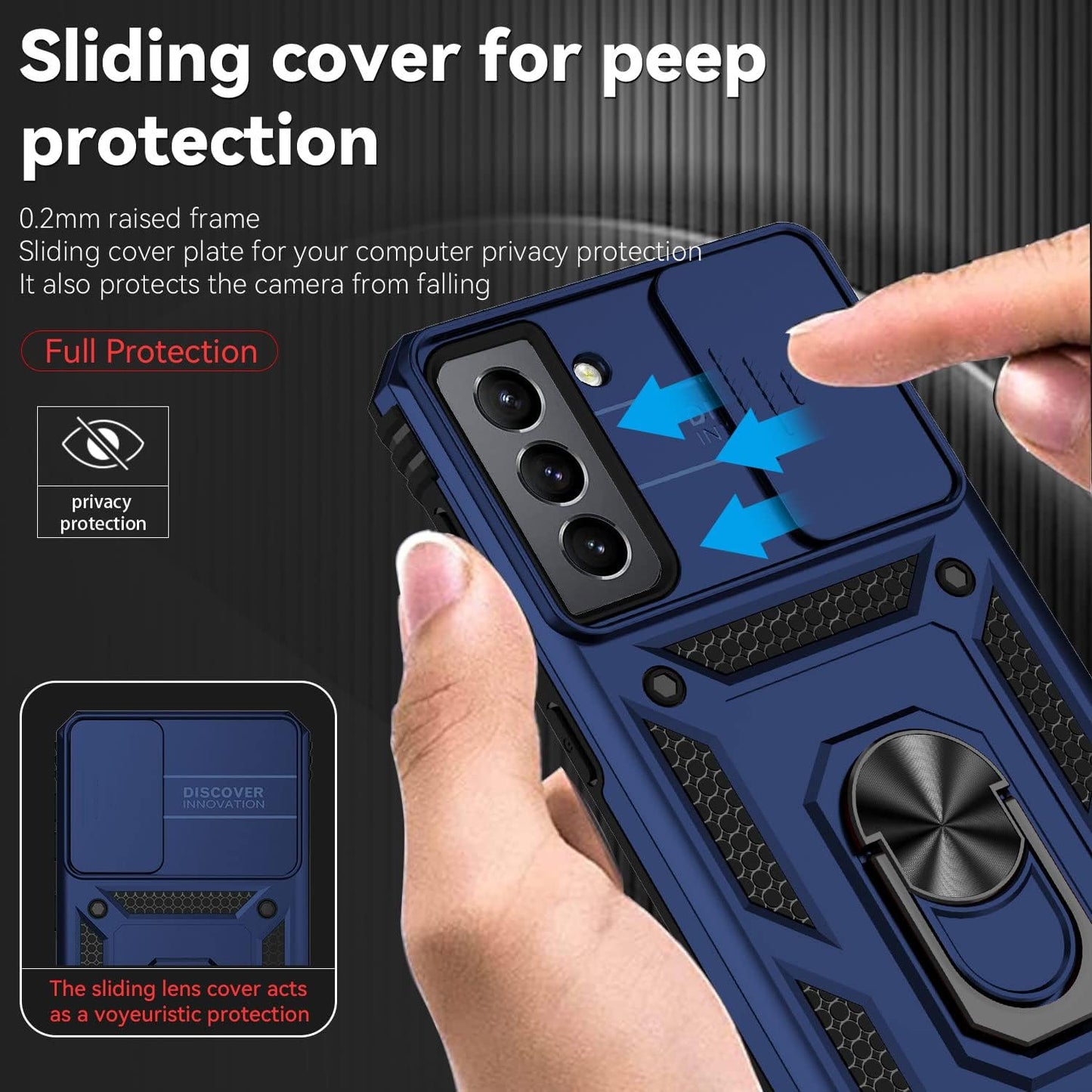 for Samsung Galaxy S21 FE 5G Case with Camera Lens Cover HD Screen Protector, Military-Grade Drop Tested Magnetic Ring Holder Kickstand Protective Phone Case for Samsung Galaxy S21 FE 5G (Navy Blue)