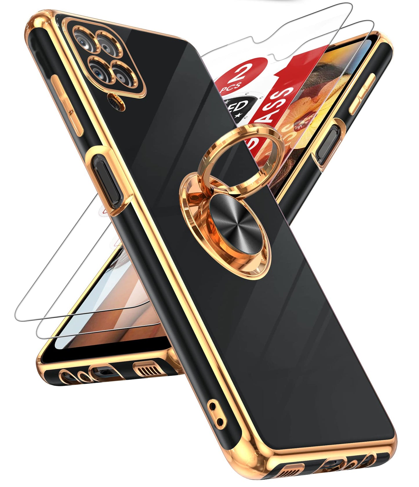 LeYi for Samsung Galaxy A13-5G Phone Case: Tempered Glass Screen Protector, 360° Rotatable Ring Holder Magnetic Kickstand, Plating Rose Gold Edge Protective Case, Black