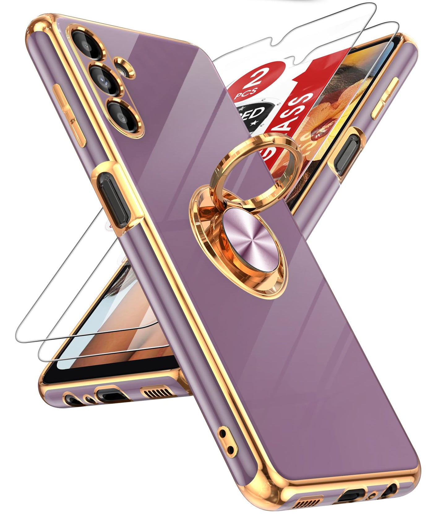 LeYi for Samsung Galaxy A13-5G Phone Case: Tempered Glass Screen Protector, 360° Rotatable Ring Holder Magnetic Kickstand, Plating Rose Gold Edge Protective Case, Black
