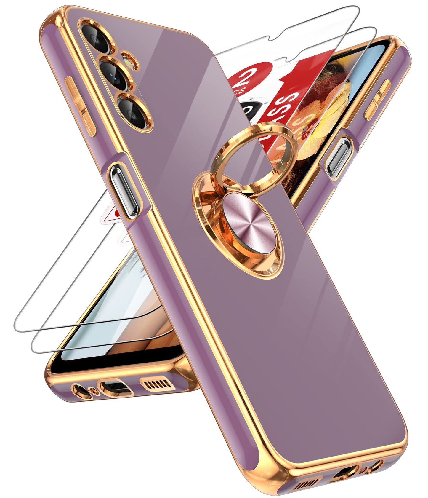 LeYi for Samsung Galaxy A13-5G Phone Case: Tempered Glass Screen Protector, 360° Rotatable Ring Holder Magnetic Kickstand, Plating Rose Gold Edge Protective Case, Black