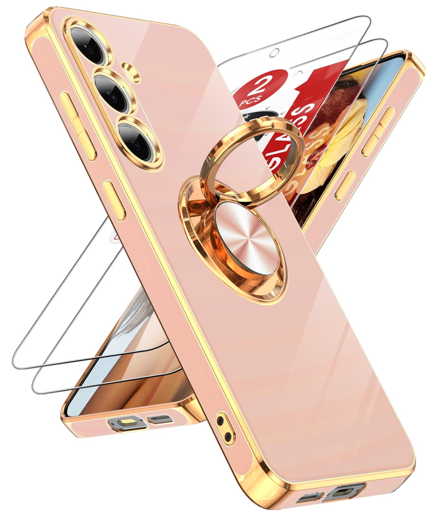 LeYi for Samsung Galaxy S24-FE Case: with 2 Pack Tempered Glass Screen Protector and 360° Rotatable Ring Holder Magnetic Kickstand, Plating Rose Gold Edge Funda para Galaxy S24FE 5G Case, Black