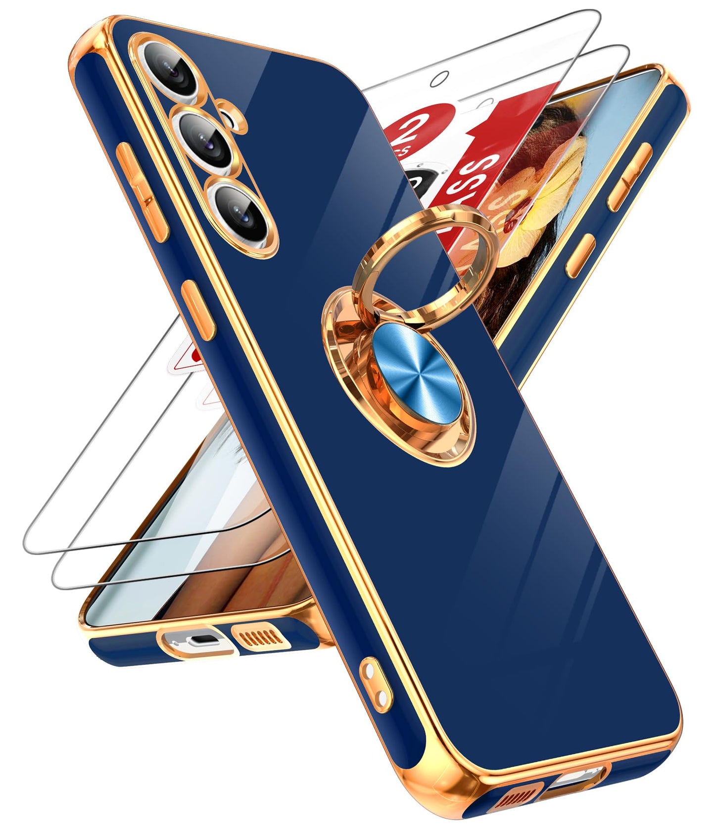 LeYi for Samsung Galaxy S24-FE Case: with 2 Pack Tempered Glass Screen Protector and 360° Rotatable Ring Holder Magnetic Kickstand, Plating Rose Gold Edge Funda para Galaxy S24FE 5G Case, Black
