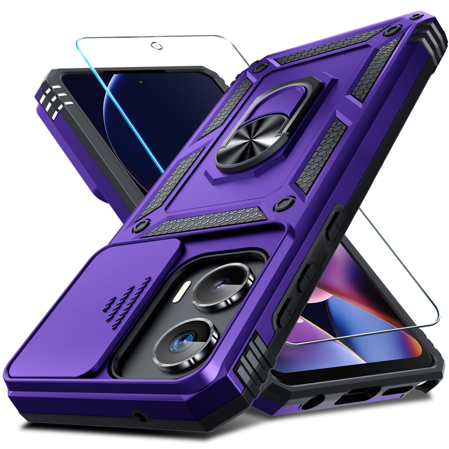 Janmitta Compatible with Moto G Stylus 5G 2024 Case Built in Slide Camera Lens Cover+Screen Protector+Finger Ring Holder Kickstand,Heavy Duty Shockproof Full Body Protective Phone Cover,Black