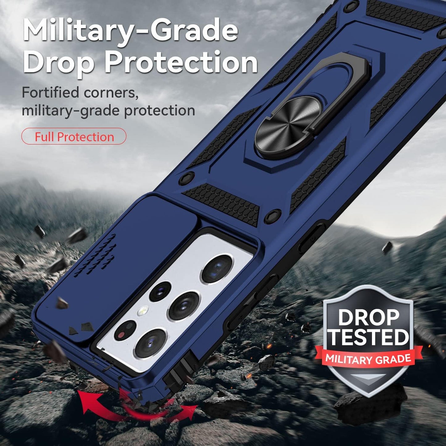 Case for Samsung Galaxy S21 Ultra 5G Protective Phone Case Navy Blue | with Camera Lens Cover, HD Screen Protector, Military-Grade Drop Tested, Magnetic Ring Holder, Kickstand