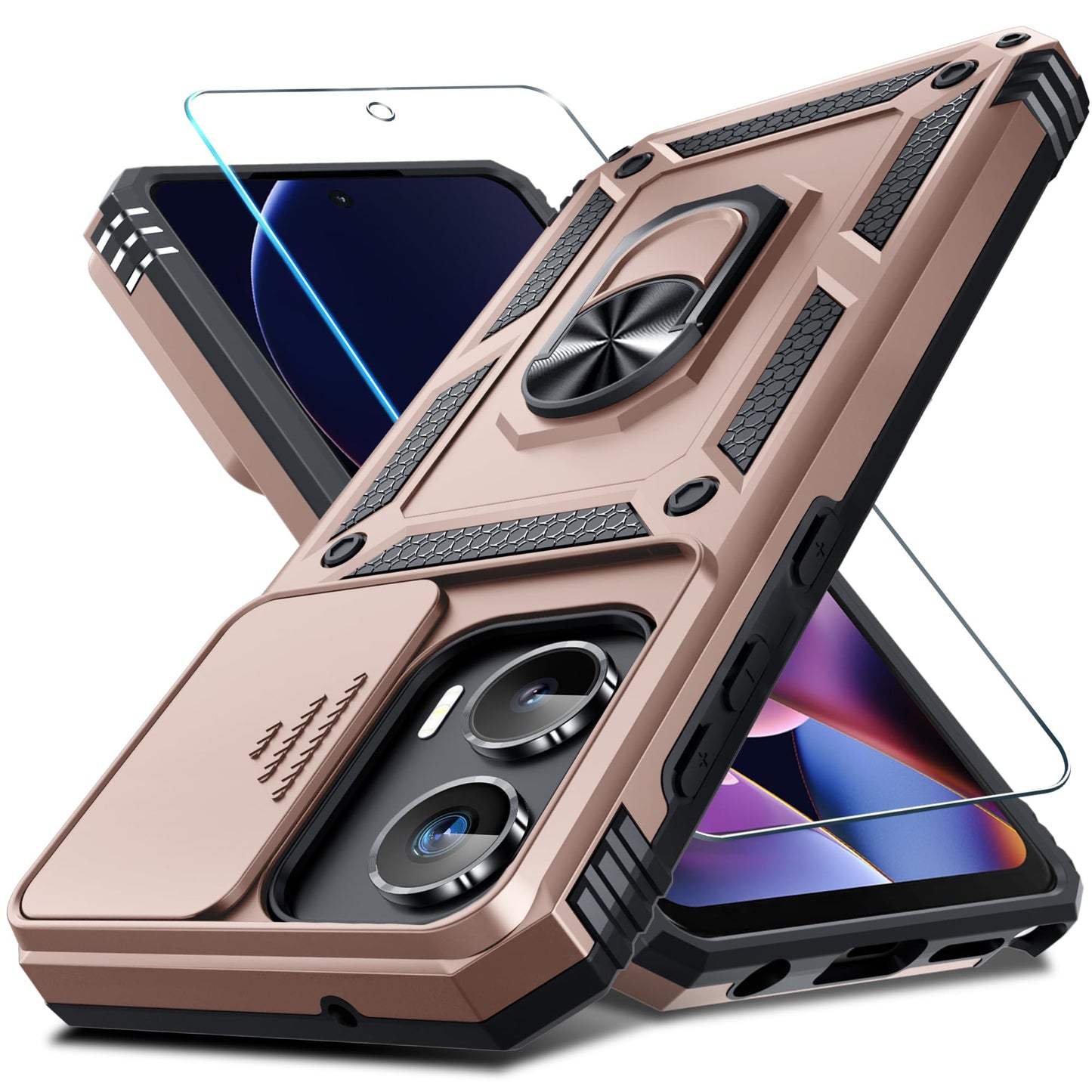 Janmitta Compatible with Moto G Stylus 5G 2024 Case Built in Slide Camera Lens Cover+Screen Protector+Finger Ring Holder Kickstand,Heavy Duty Shockproof Full Body Protective Phone Cover,Black