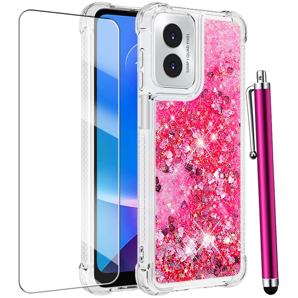for Moto G Play 2024 Case with Screen Protector, Cute Women Girls Glitter Bling Liquid Floating Phone Case Slim TPU Soft Silicone Shockproof Girly Cover for Motorola G Play 2024 -Pink Purple