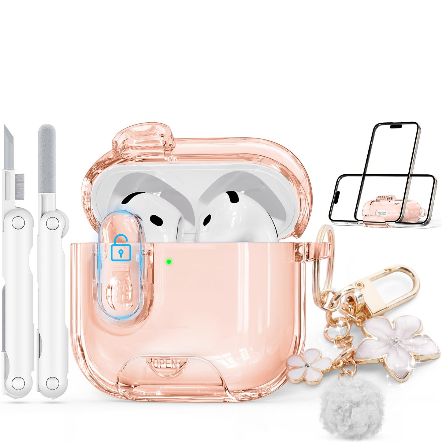 with Safety Lock for AirPods Pro 3 Case 2025,Clear Cases with Phone Stand & Cleaning Kit,Soft TPU Cover for Airpods Pro 3rd Generation Case,Cute Bling Keychain for Women Girls-Glitter Pink
