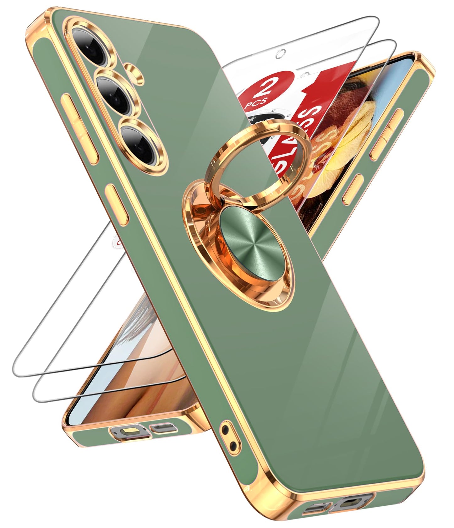 LeYi for Samsung Galaxy S24-FE Case: with 2 Pack Tempered Glass Screen Protector and 360° Rotatable Ring Holder Magnetic Kickstand, Plating Rose Gold Edge Funda para Galaxy S24FE 5G Case, Black