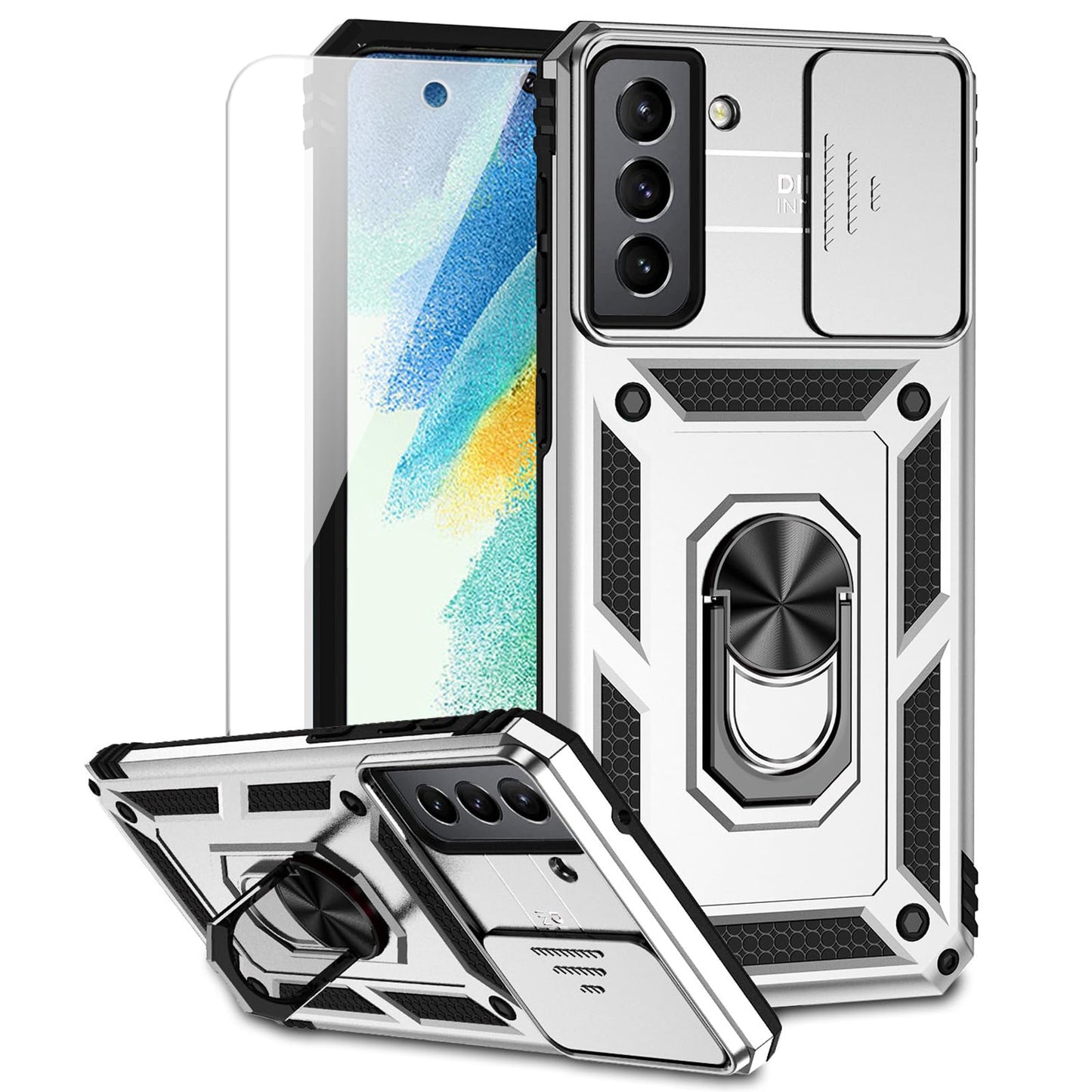for Samsung Galaxy S21 FE 5G Case with Camera Lens Cover HD Screen Protector, Military-Grade Drop Tested Magnetic Ring Holder Kickstand Protective Phone Case for Samsung Galaxy S21 FE 5G (Navy Blue)