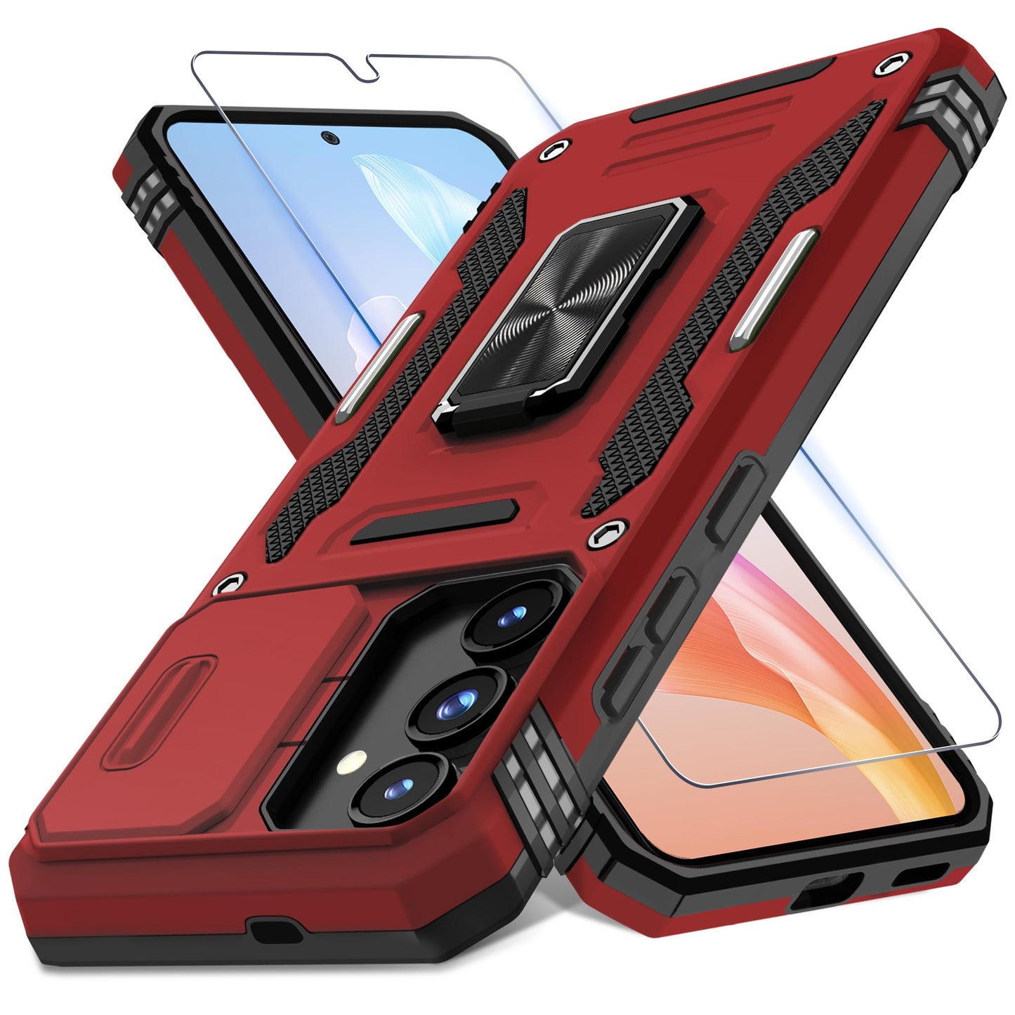 DEERLAMN Case for Samsung Galaxy S23 FE 6.4-Inch with Slide Camera Cover+Screen Protector(1 Pack),Rotated Ring Kickstand Military Grade Shockproof Protective Cover-Black