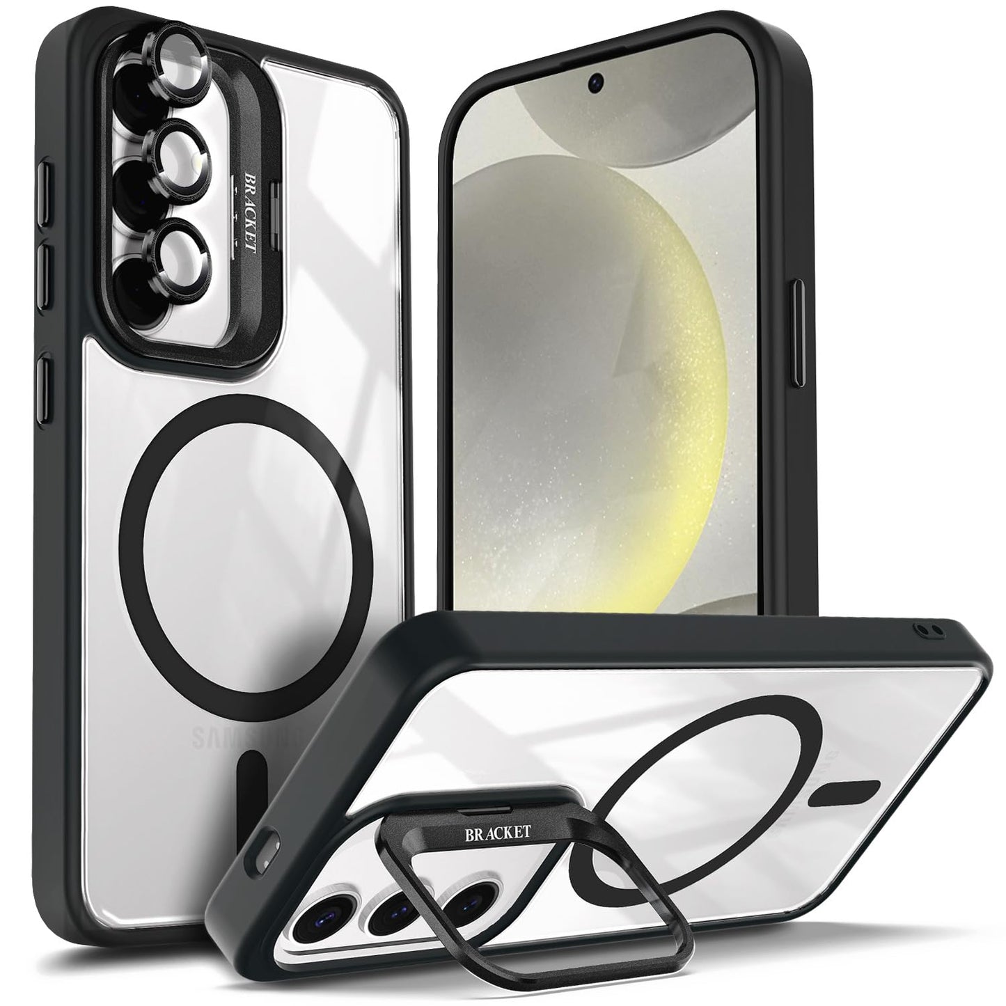 YZB Case Designed for Samsung Galaxy S24 Ultra Crystal Clear Back Cover Black | Magnetic Compatible with MagSafe, Built-in Stand, Camera Lens Protector, Anti-Yellowing, Scratch-Resistant