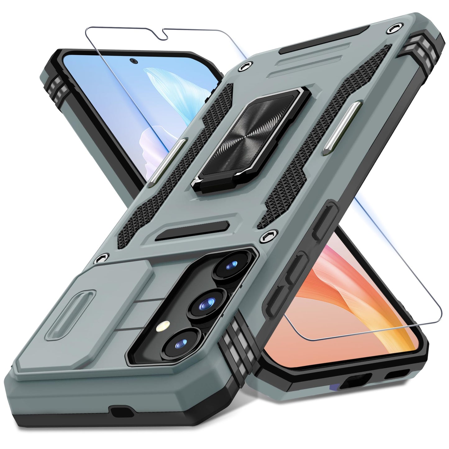 DEERLAMN Case for Samsung Galaxy S24+ Plus with Slide Camera Cover+Screen Protector (1 Pack), Rotated Ring Kickstand Military Grade Shockproof Protective Cover-Black