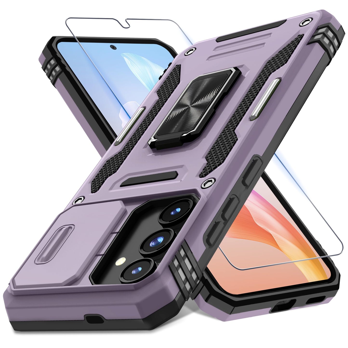 DEERLAMN Case for Samsung Galaxy S23 FE 6.4-Inch with Slide Camera Cover+Screen Protector(1 Pack),Rotated Ring Kickstand Military Grade Shockproof Protective Cover-Black
