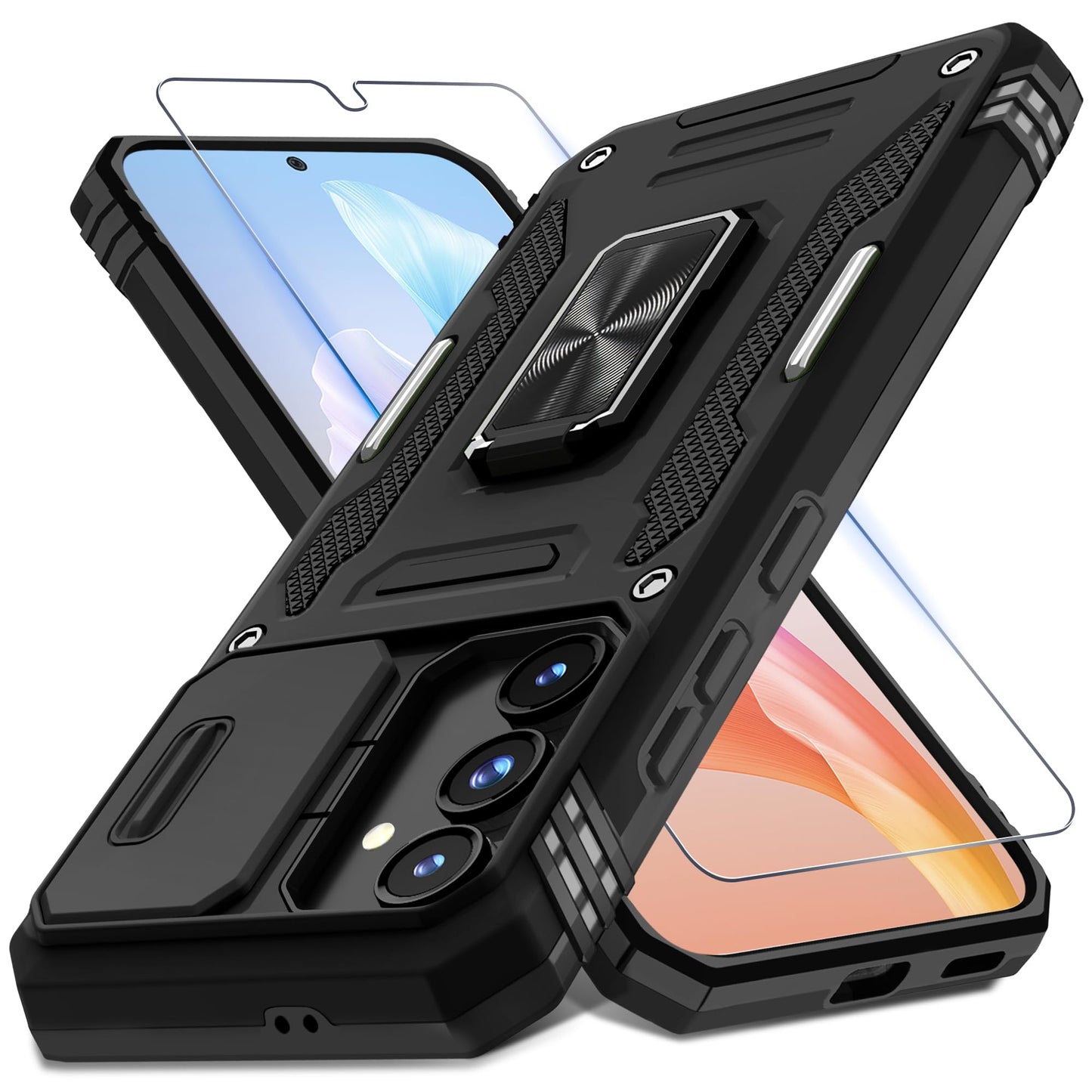 DEERLAMN Case for Samsung Galaxy S23 FE 6.4-Inch with Slide Camera Cover+Screen Protector(1 Pack),Rotated Ring Kickstand Military Grade Shockproof Protective Cover-Black