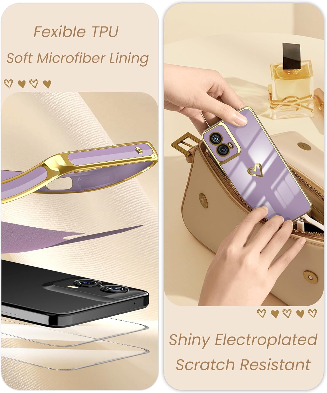 Dretal for Motoro Moto G 5G 2024 Case with 2X Screen Protector, Girl Women Cute Girly Love-Heart Luxury Gold Soft Camera Protection Bumper Shockproof Case for Moto G 2024 (Purple