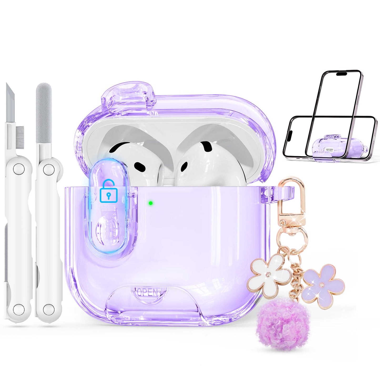 with Safety Lock for AirPods Pro 3 Case 2025,Clear Cases with Phone Stand & Cleaning Kit,Soft TPU Cover for Airpods Pro 3rd Generation Case,Cute Bling Keychain for Women Girls-Glitter Pink