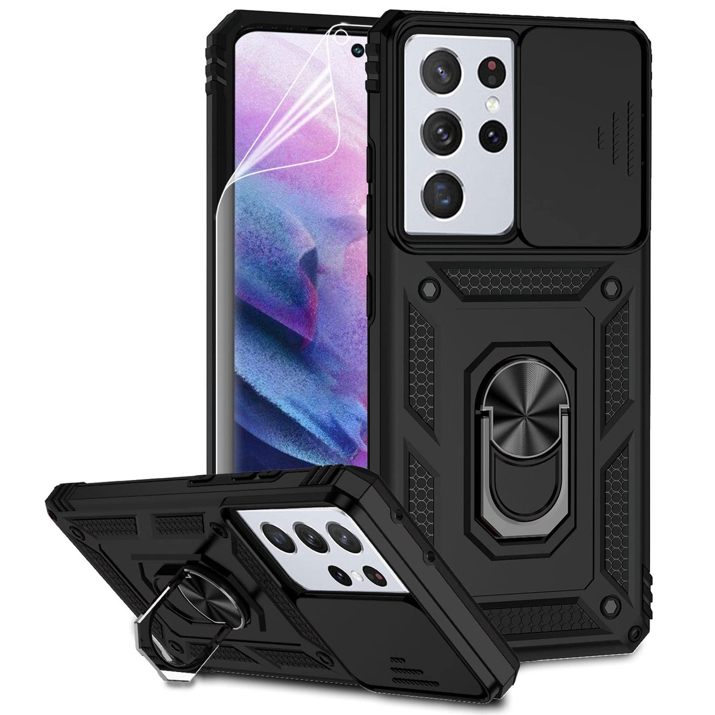 Case for Samsung Galaxy S21 Ultra 5G Protective Phone Case Navy Blue | with Camera Lens Cover, HD Screen Protector, Military-Grade Drop Tested, Magnetic Ring Holder, Kickstand