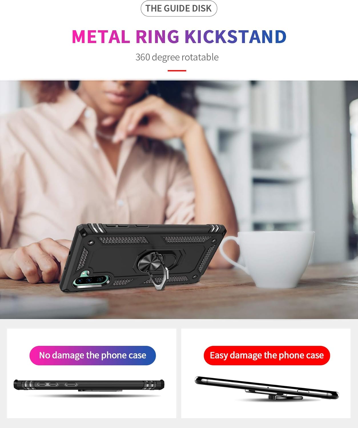 for Samsung Galaxy Note 10 Case, Note10 Case with HD Screen Protectors, Military-Grade Metal Ring Holder Kickstand 15ft Drop Tested Shockproof Cover Case for Samsung Note 10 (2019) Black