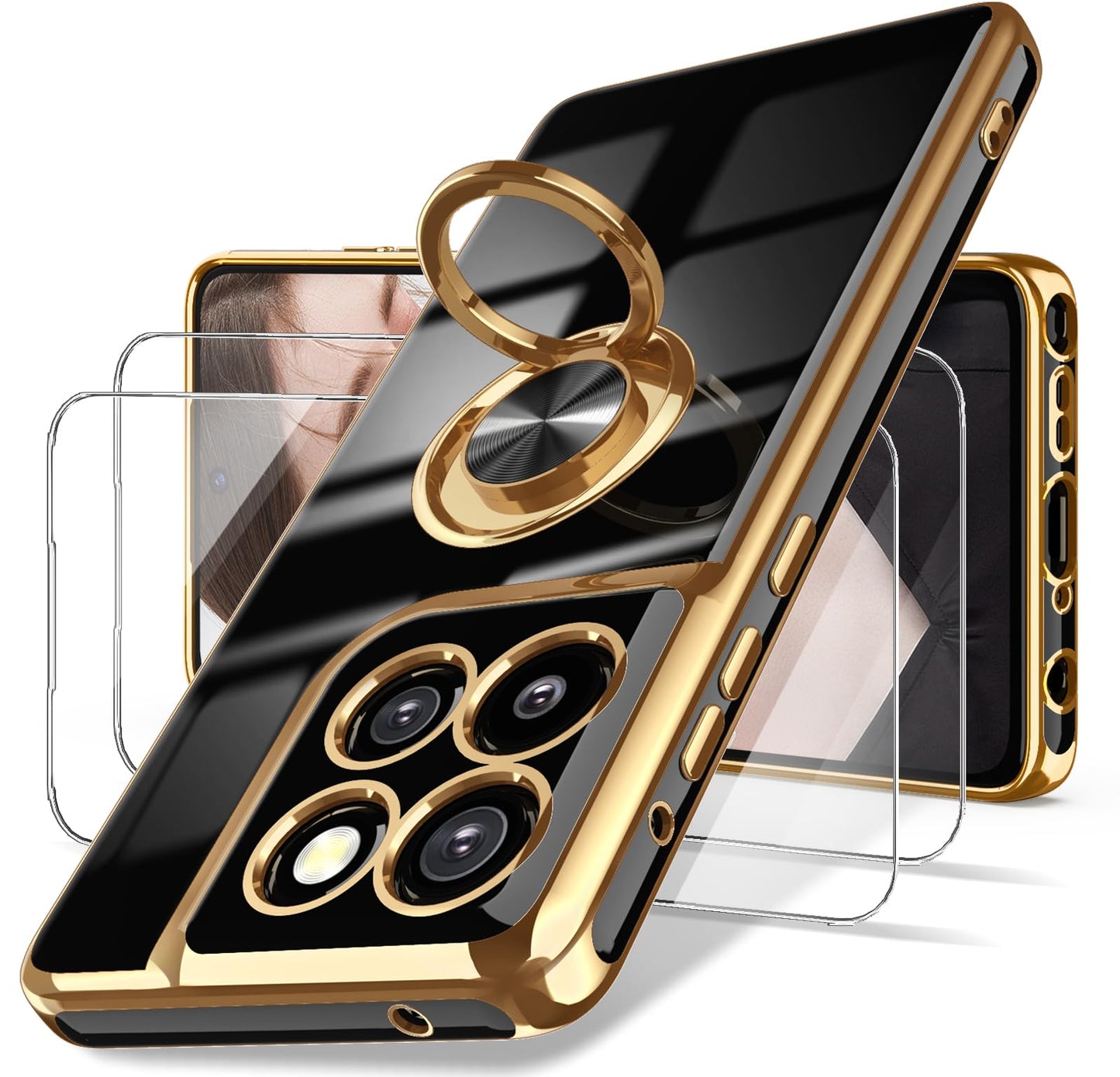 Dretal for Moto G Stylus 5G 2024 Case, 2X Screen Protector, 360° Rotatable Ring Holder Magnetic Kickstand,Plated Gold Edge Slim Soft TPU Protective Cover for Motorola G Stylus 5G (Purple)