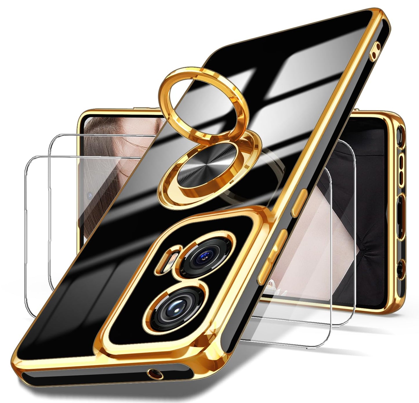 Dretal for Moto G Stylus 5G 2024 Case, 2X Screen Protector, 360° Rotatable Ring Holder Magnetic Kickstand,Plated Gold Edge Slim Soft TPU Protective Cover for Motorola G Stylus 5G (Purple)