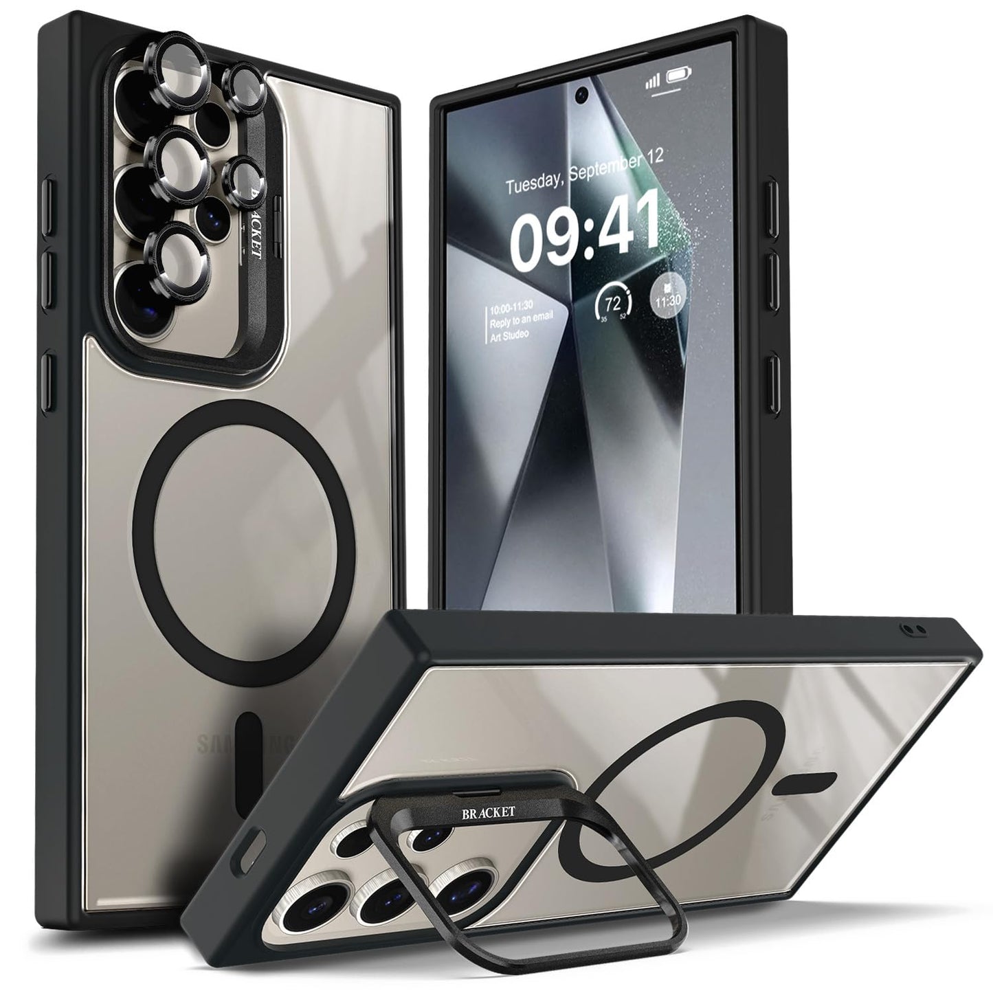 YZB Case Designed for Samsung Galaxy S24 Ultra Crystal Clear Back Cover Black | Magnetic Compatible with MagSafe, Built-in Stand, Camera Lens Protector, Anti-Yellowing, Scratch-Resistant