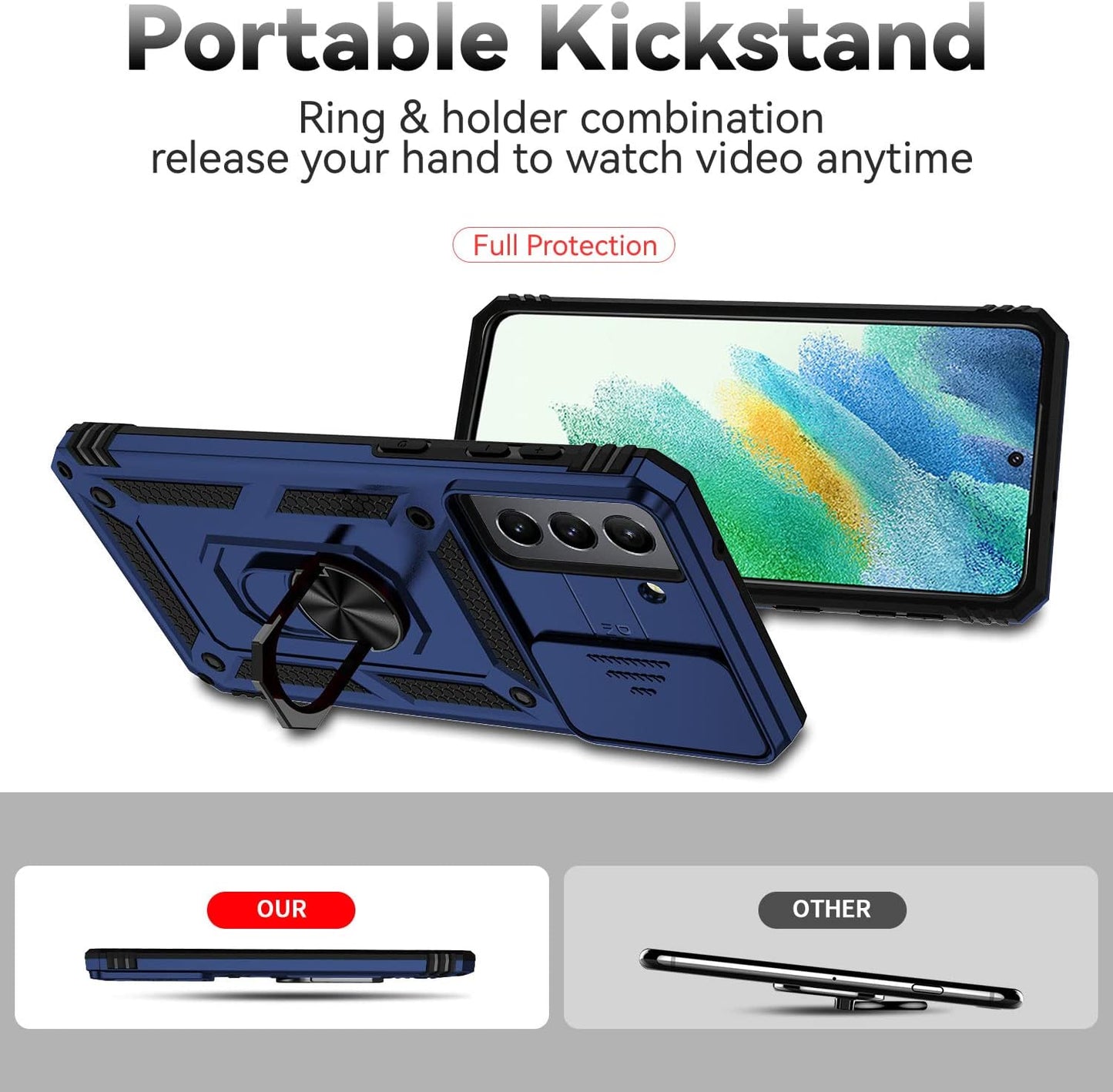 for Samsung Galaxy S21 FE 5G Case with Camera Lens Cover HD Screen Protector, Military-Grade Drop Tested Magnetic Ring Holder Kickstand Protective Phone Case for Samsung Galaxy S21 FE 5G (Navy Blue)