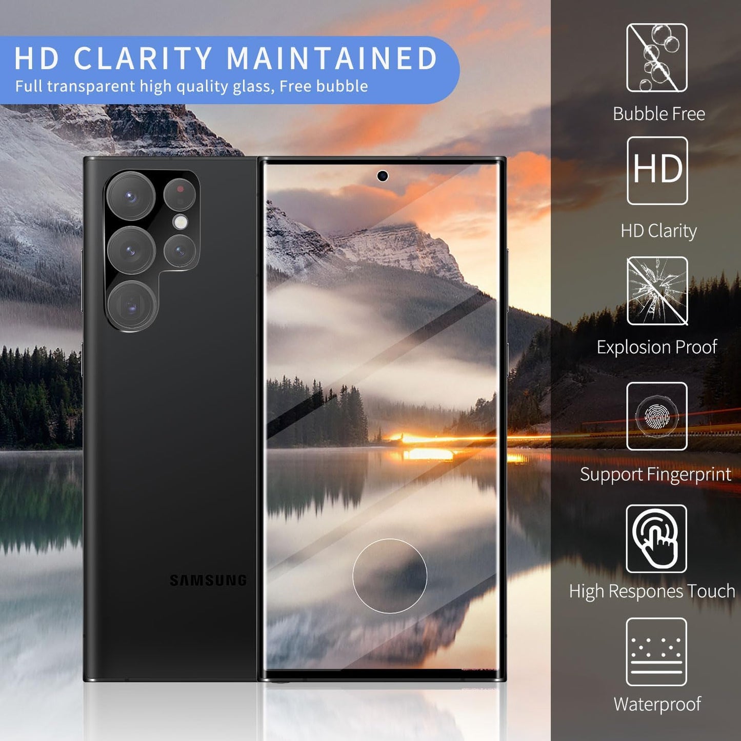 3Pack Galaxy S22 Ultra Glass Screen Protector, 2Pack Camera Lens Film 9H Hardness 3D Fulll Coverage Case Friendly Compatible with Ultra Sonic Fingerprint For Galaxy S22 Ultra 6.8”