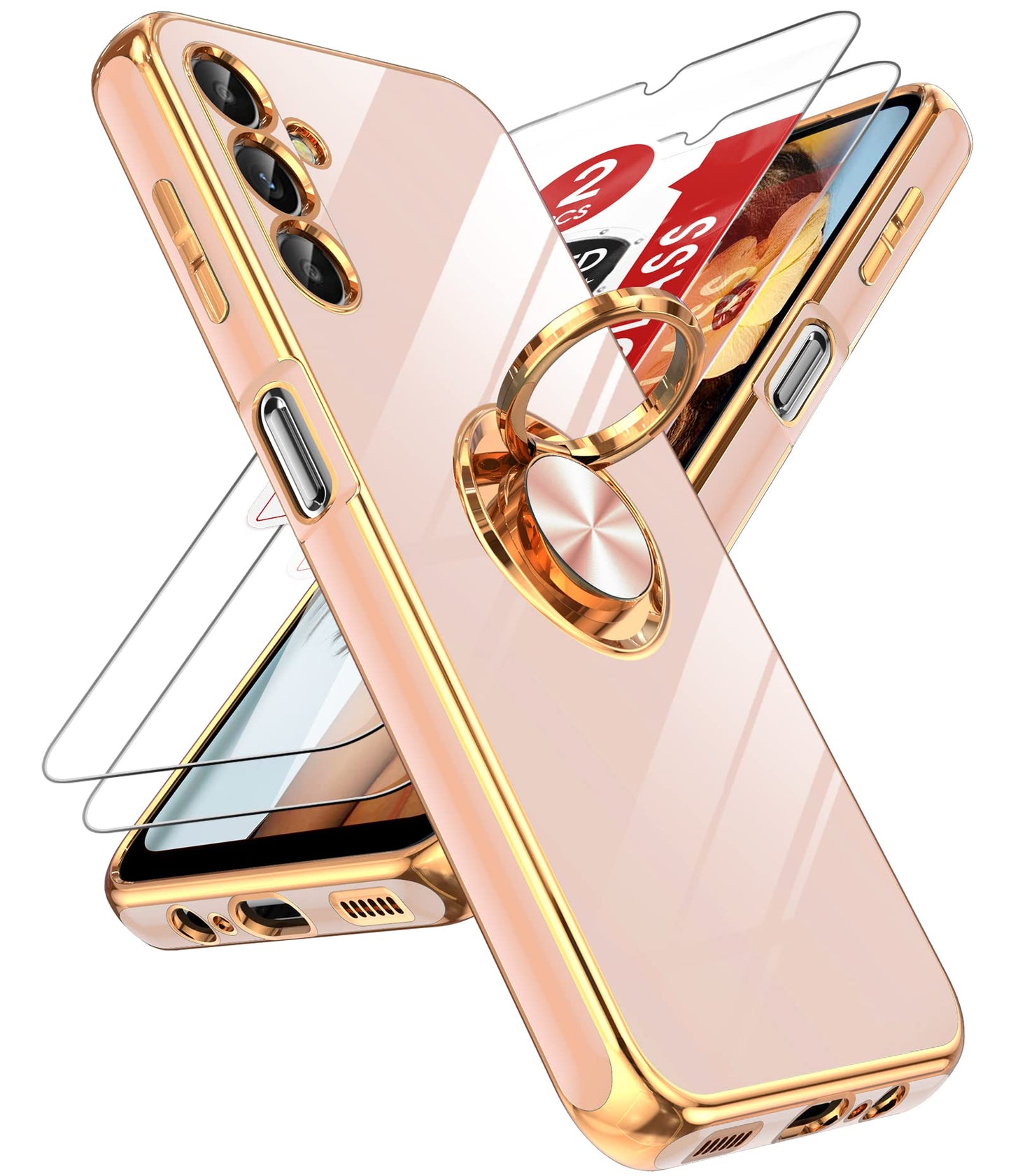 LeYi for Samsung Galaxy A13-5G Phone Case: Tempered Glass Screen Protector, 360° Rotatable Ring Holder Magnetic Kickstand, Plating Rose Gold Edge Protective Case, Black