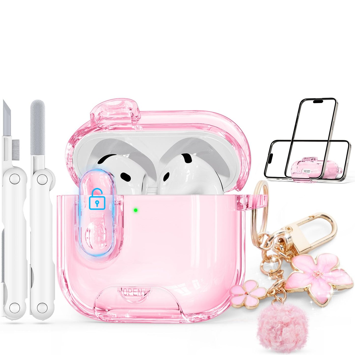 with Safety Lock for AirPods Pro 3 Case 2025,Clear Cases with Phone Stand & Cleaning Kit,Soft TPU Cover for Airpods Pro 3rd Generation Case,Cute Bling Keychain for Women Girls-Glitter Pink