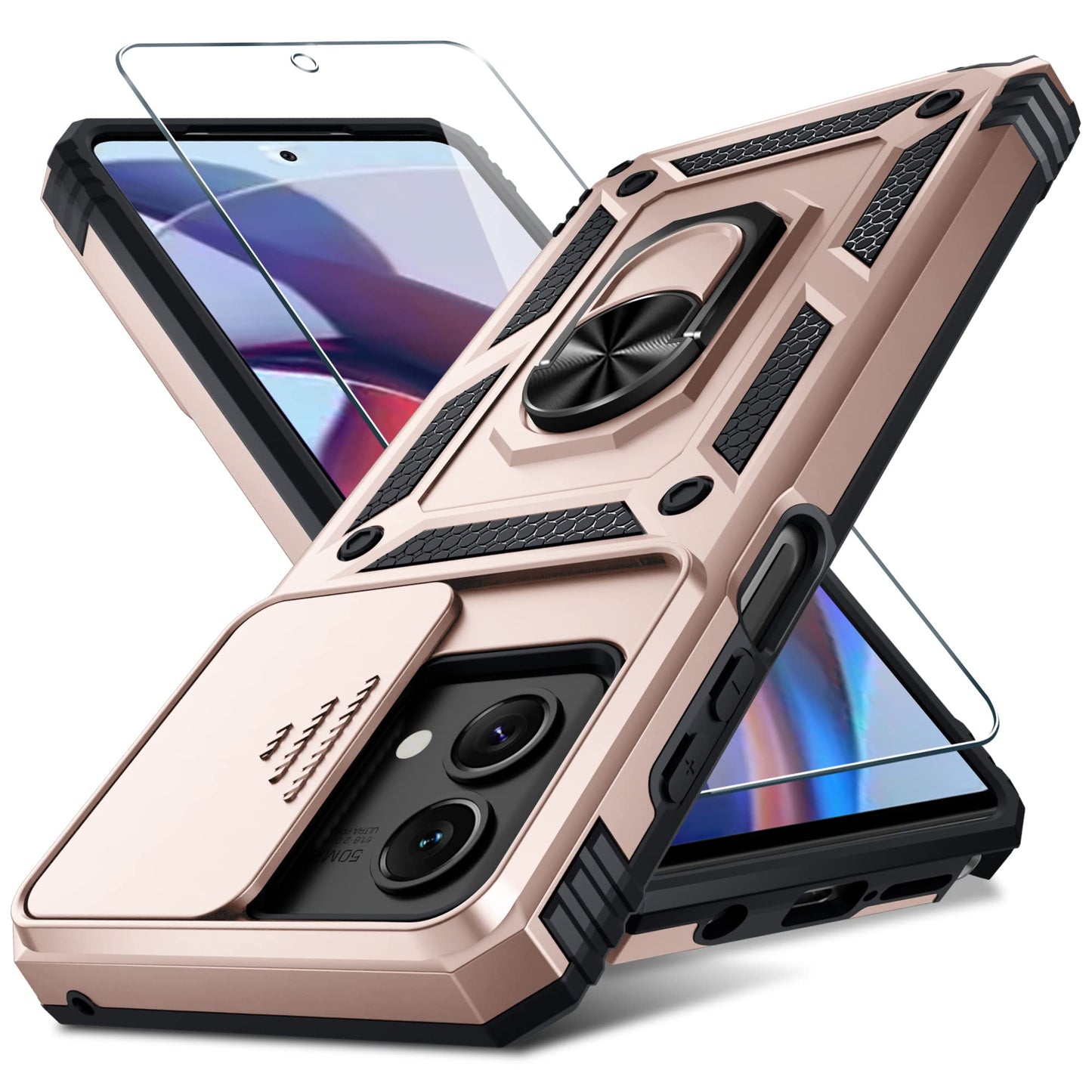Janmitta Compatible with Moto G Stylus 5G 2024 Case Built in Slide Camera Lens Cover+Screen Protector+Finger Ring Holder Kickstand,Heavy Duty Shockproof Full Body Protective Phone Cover,Black