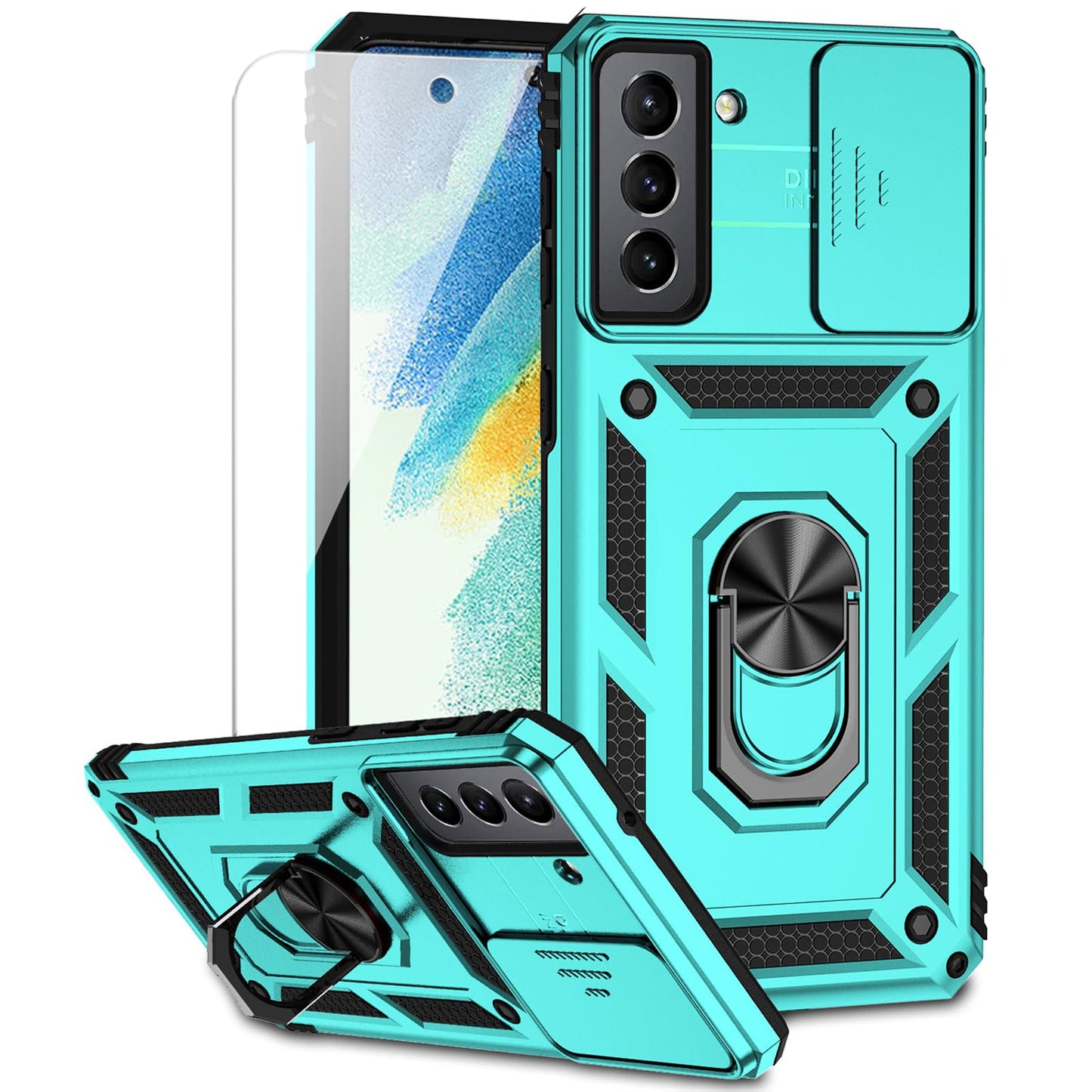 for Samsung Galaxy S21 FE 5G Case with Camera Lens Cover HD Screen Protector, Military-Grade Drop Tested Magnetic Ring Holder Kickstand Protective Phone Case for Samsung Galaxy S21 FE 5G (Navy Blue)