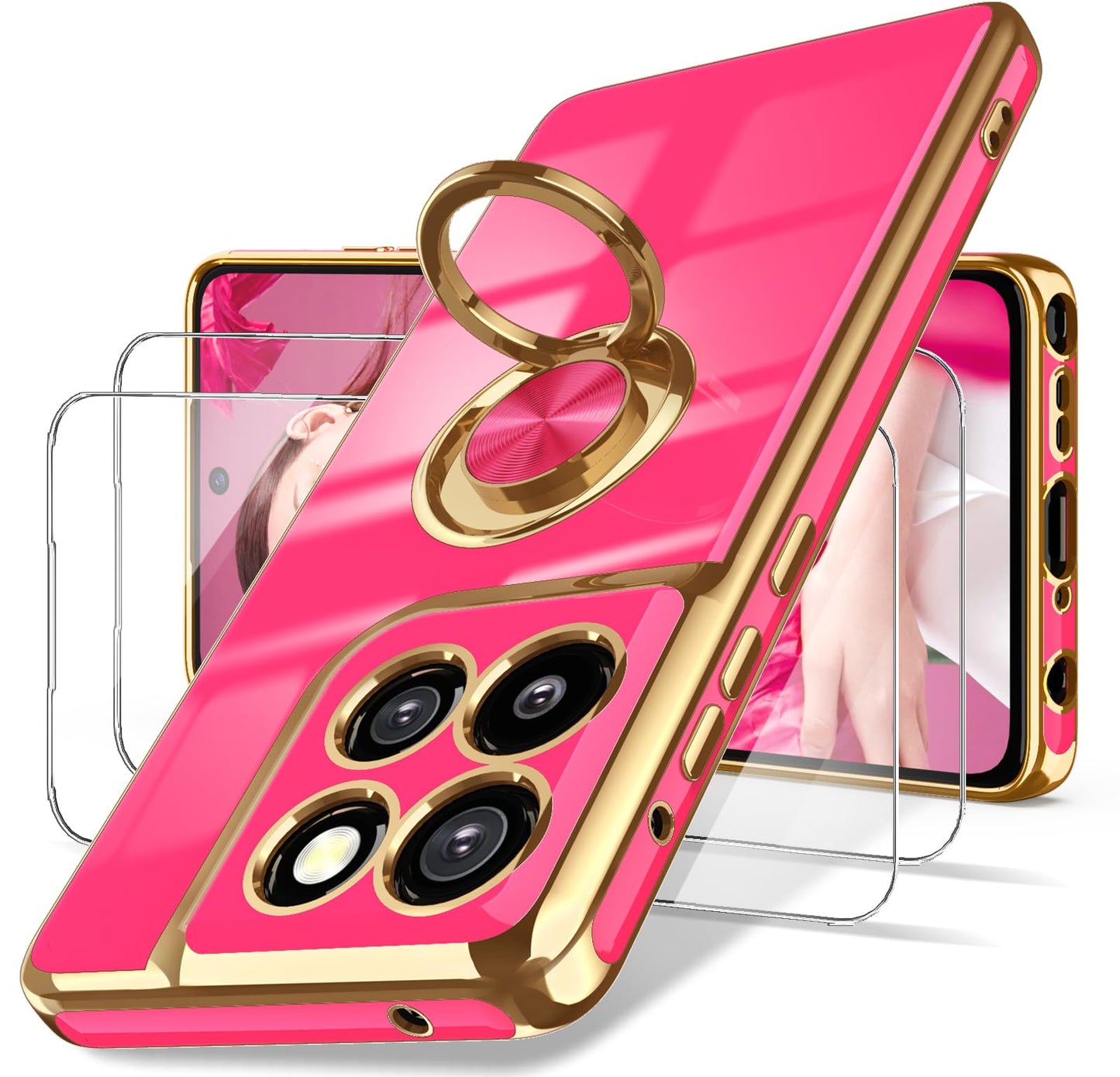 Dretal for Moto G Stylus 5G 2024 Case, 2X Screen Protector, 360° Rotatable Ring Holder Magnetic Kickstand,Plated Gold Edge Slim Soft TPU Protective Cover for Motorola G Stylus 5G (Purple)