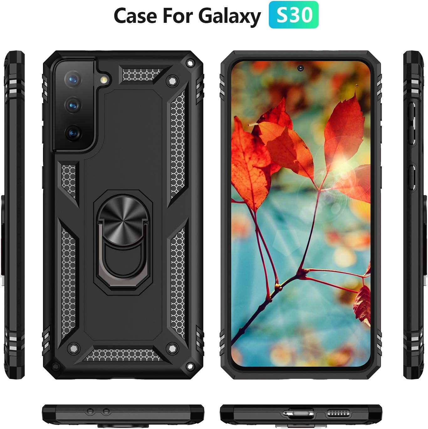 Androgate Case Cover Case for Samsung Galaxy S21 5G Black | with HD Screen Protectors, Military-Grade, Metal Ring Holder, Kickstand, 15ft Drop Tested, Shockproof