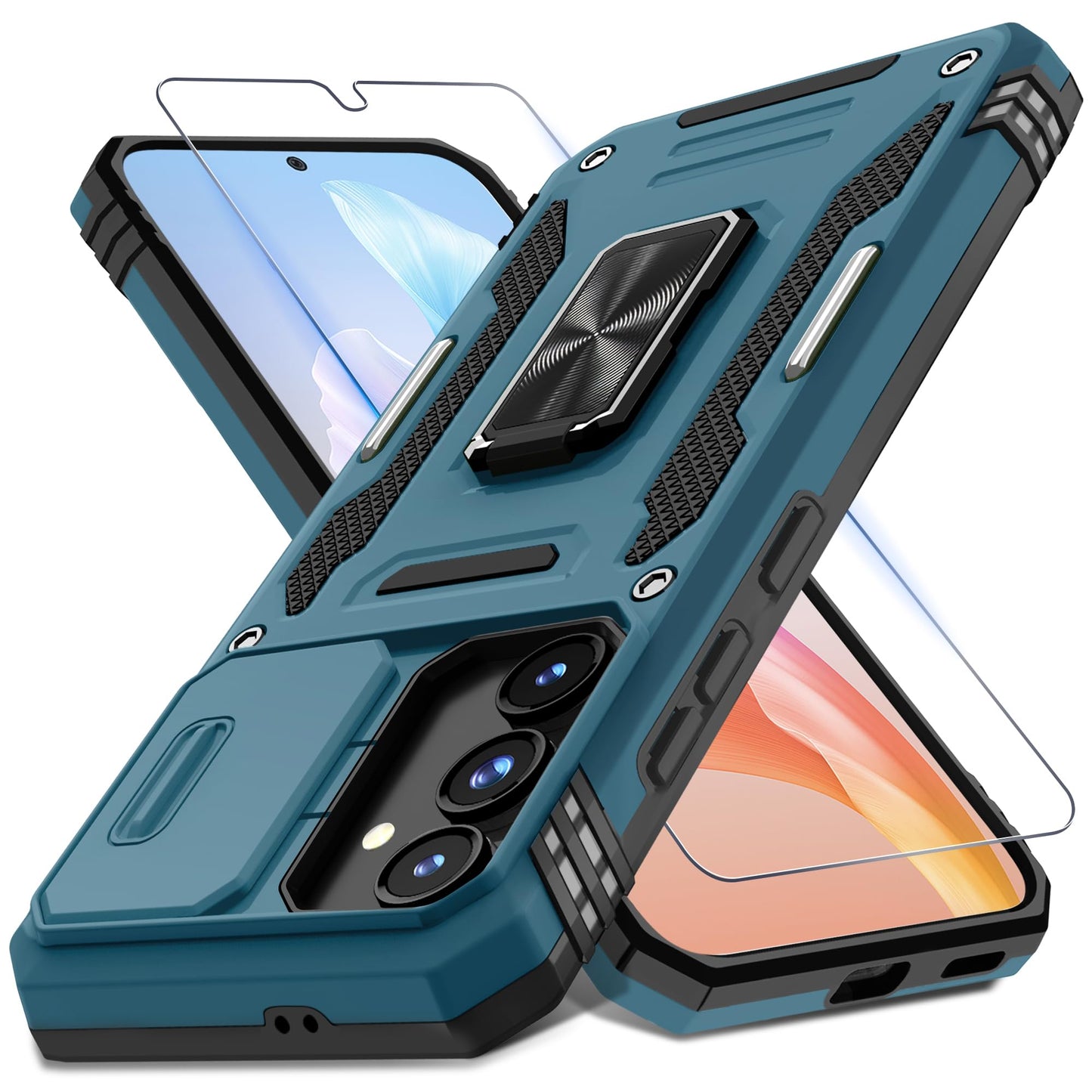 DEERLAMN Case for Samsung Galaxy S23 FE 6.4-Inch with Slide Camera Cover+Screen Protector(1 Pack),Rotated Ring Kickstand Military Grade Shockproof Protective Cover-Black