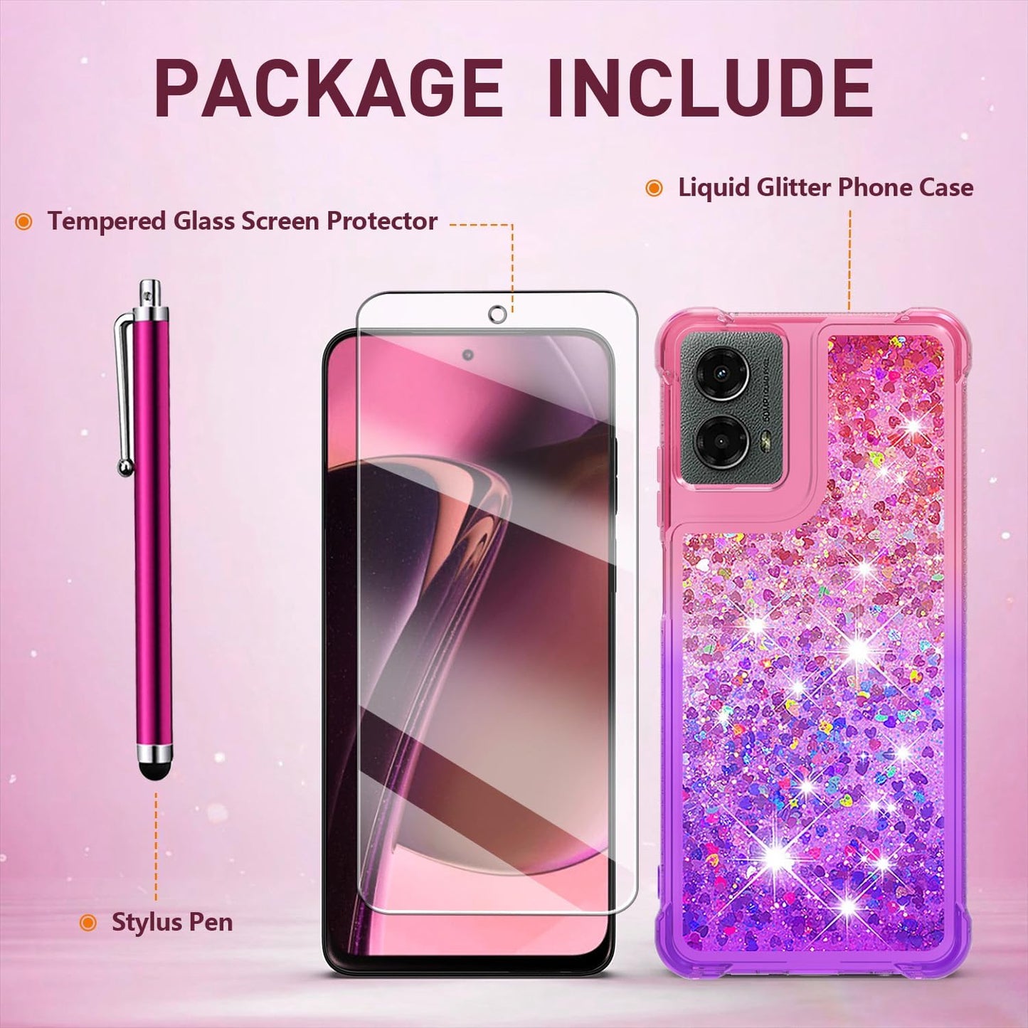 for Moto G Play 2024 Case with Screen Protector, Cute Women Girls Glitter Bling Liquid Floating Phone Case Slim TPU Soft Silicone Shockproof Girly Cover for Motorola G Play 2024 -Pink Purple