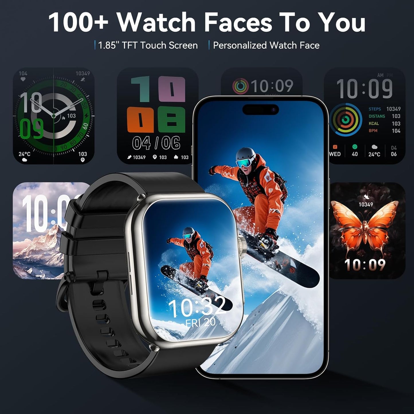 Smart Watch for Men Women, 1000 mAh 100 Day Battery Life, 1.85" Fitness Tracker Bluetooth Call/Make Calls, IP68 Waterproof, 120+ Sport Modes, 24/7 Heart Rate/Sleep Monitor Fitness Watch, iOS/Android