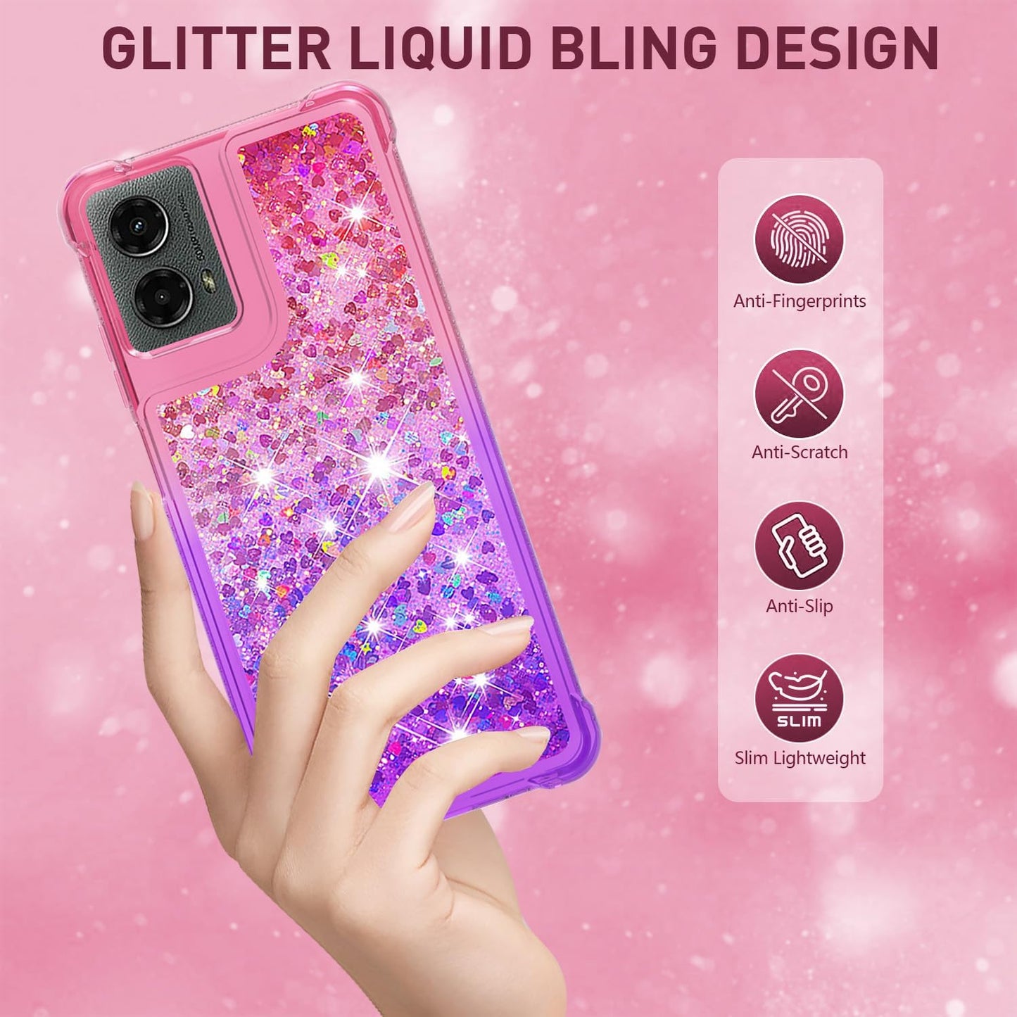 for Moto G Play 2024 Case with Screen Protector, Cute Women Girls Glitter Bling Liquid Floating Phone Case Slim TPU Soft Silicone Shockproof Girly Cover for Motorola G Play 2024 -Pink Purple