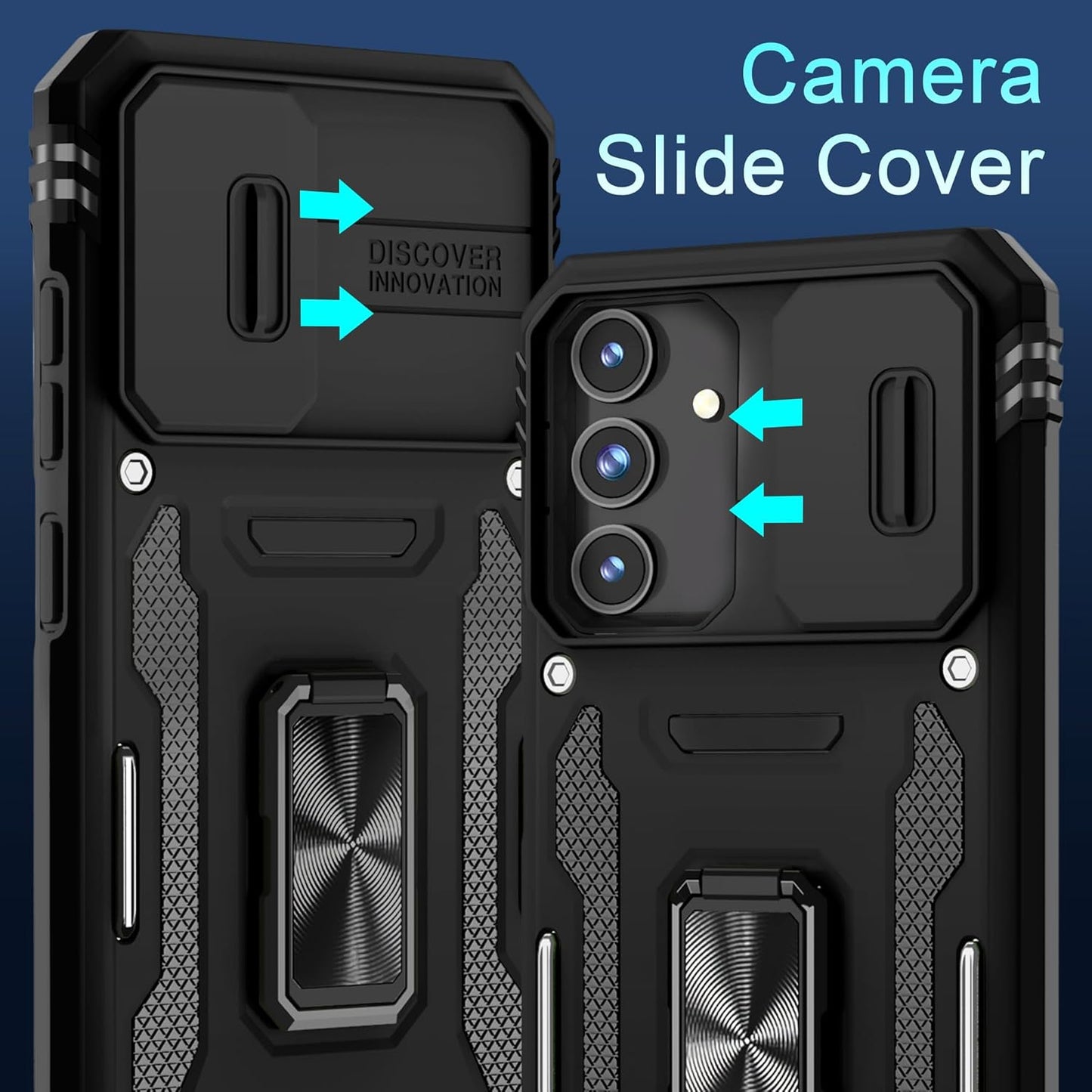 DEERLAMN Case for Samsung Galaxy S24+ Plus with Slide Camera Cover+Screen Protector (1 Pack), Rotated Ring Kickstand Military Grade Shockproof Protective Cover-Black