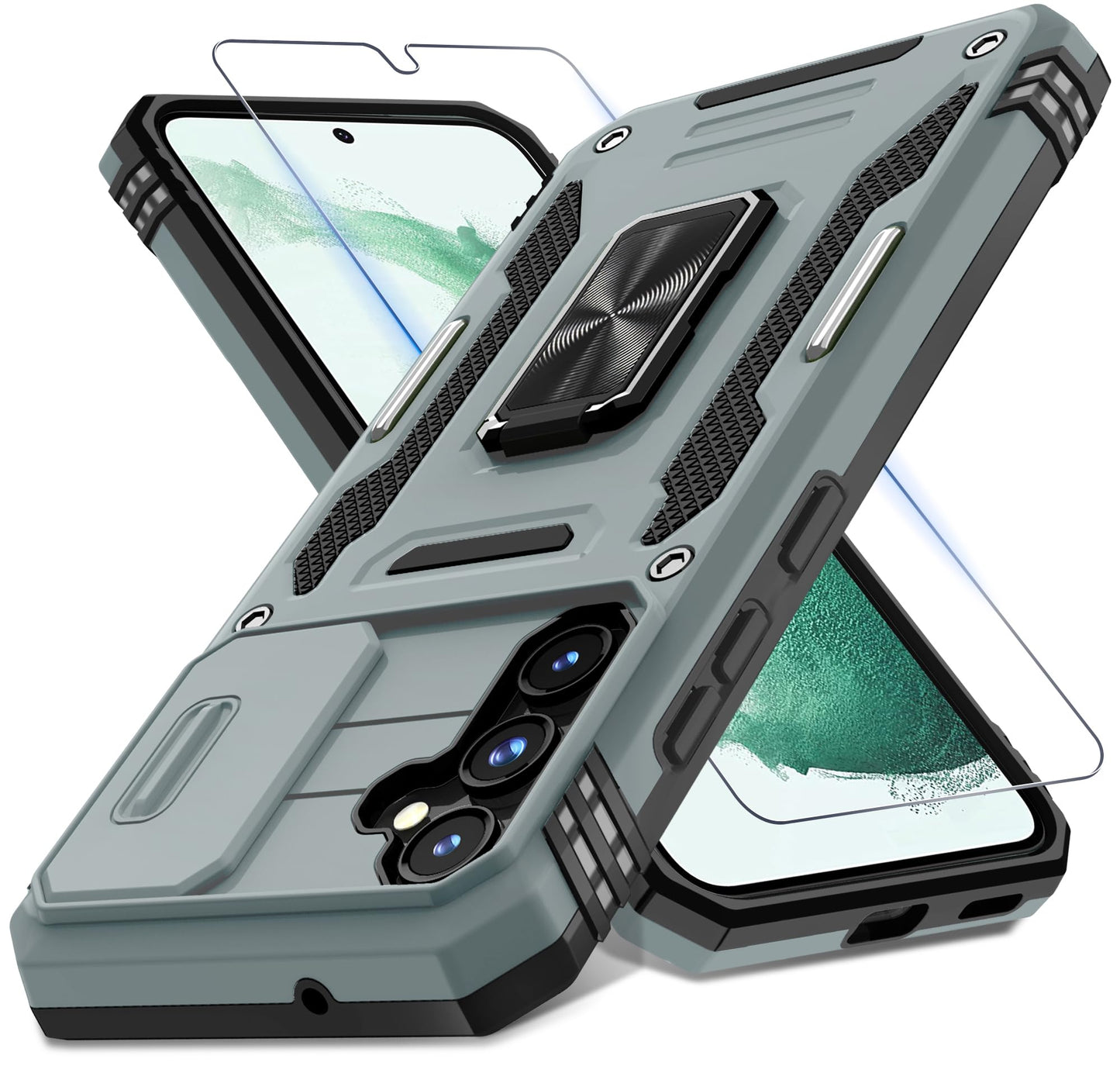 DEERLAMN Case for Samsung Galaxy S23 FE 6.4-Inch with Slide Camera Cover+Screen Protector(1 Pack),Rotated Ring Kickstand Military Grade Shockproof Protective Cover-Black